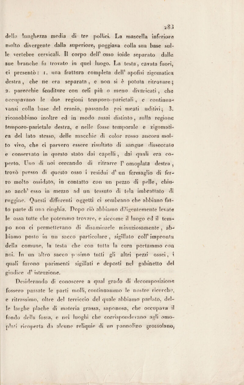 della lunghezza media di tre pollici, La mascella inferiore molto divergente dalla superiore^ poggiava colla sua base sul¬ le vertebre cervicali. Il corpo dell’ osso tolde separato dalle sue branche fu trovato in quel luogo. La testa , cavata fuori, ci presentò: i, una frattura completa dell’apofisi zigomatica destra j che ne era separata, e non si è potuta ritrovare^ 2. parecchie fenditure con orli più o meno divaricati , che occupavano le due regioni temporo-parietali , e continua-* vansi colla base del cranio, passando pei meati uditivi$ 3^ rioonobbimo inoltre ed in rn odo assai distinto, sulla regione temporo-parietale destra, e nelle fosse temporale e zigomati¬ ca del iato stesso, delle macchie di color rosso ancora mol¬ to vivo, che ci parvero essere risultato di sangue disseccalo e conservato in questo stato dai capelli , dal quali era co¬ perto. Uno di noi cercando di ritrarre V ofnoplata destra , trovò presso di questo osso i residui d’ un fermaglio di fer¬ ro molto ossidato, in contatto con un pezzo di pelle, chiu¬ so anch’ esso in mezzo ad un tessuto di tela imbrattato di ruggine. Questi differenti oggetti ci sembrano che abbiano fat¬ to parte di una cinghia. Dopo ciò abbiamo diligentemente levate le ossa tutte che potemmo trovare, e siccome il luogo ed il tem¬ po non ci permettevano di disaminarle minuziosamente, ab¬ biamo posto in un sacco particolare , sigillato coll’ impronta della comune, la testa che con tutta la cura portammo con noi. In un altro sacco posimo tutti gli altri pezzi ossei, i quali furono parimenti sigillati e deposti nel gabinetto del giudice cT istruzione. Desiderando di conoscere a qual grado di decomposizione fossero passate le partì molli, continuammo le nostre ricerche, e latrassimo, oltre del terriccio del quale abbiamo parlato, del- le larghe plache di materia grassa, saponosa, che occupava i! fondo della fossa, e nei luoghi che corrispondevano agli omo» pinti ricoperta da alcune reliquie di un pannollno grossolano^