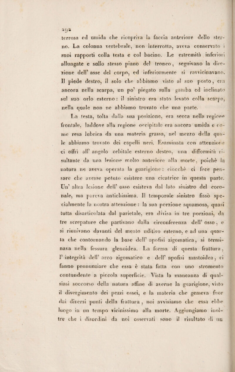 terrosa ed umida the ricopriva la faccia anteriore dello ster¬ no. La colonna vertebrale, non interrotta, aveva conservato i suoi rapporti colla testa e col bacino. Le estremità inferiori allungate e sullo stesso piano del tronco, seguivano la dire¬ zione deli’ asse del corpo, ed inferiormente si ravvicinavano. Il piede destro, iì solo che abbiamo visto al suo posto, eia ancora nella scarpa, un po’ piegato sulla gamba ed inclinato sul suo orlo esterno: il sinistro era stato levato colla scarpa, nella quale non ne abbiamo trovato ohe una parte. La testa, tolta dalla sua posizione, era secca nella regione frontale, laddove alla regione occipitale era ancora umida e co¬ me resa lubrica da una materia grassa, nel mezzo della qua¬ le abbiamo trovato dei capelli neri. Esaminata con attenzione ci offri all’ angolo orbitale esterno destro, una difformità ri¬ sultante da una lesione molto anteriore alla morte, poiché la natura ne aveva operata la guarigione : ciocche ci fece pen¬ sare che avesse potuto esistere una cicatrice in questa parte. Un’ altra lesione dell’ osso esisteva dai lato sinistro del coro¬ nale, ma pareva antichissima. Il temporale sinistro fissò spe¬ cialmente la nostra attenzione: la sua porzione squamosa, quasi tutta disarticolata dal parietale, era divisa in tre porzioni, da tre screpature che partivano dalla circonferenza dell’ osso . e si riunivano davanti del meato uditivo esterno, e ad una quar¬ ta che contornando la base dell’ apofisi zigomatica, si termi¬ nava nella fessura glenoidea. La forma di questa frattura, 1’ integrità dell’ arco zigomatico e dell’ apofisi mastoidea , ci fanno pronunziare che essa è stala fatta con uno stromento contundente a piccola superficie. Vista la mancanza di qual¬ siasi soccorso della natura affine di averne la guarigione, visto il diverg imento dei pezzi ossei, e la materia che gemeva fuor dai diversi punii della frattura , noi avvisiamo che essa ebbe luogo in un tempo vicinissimo alla morte. Aggiungiamo inol¬