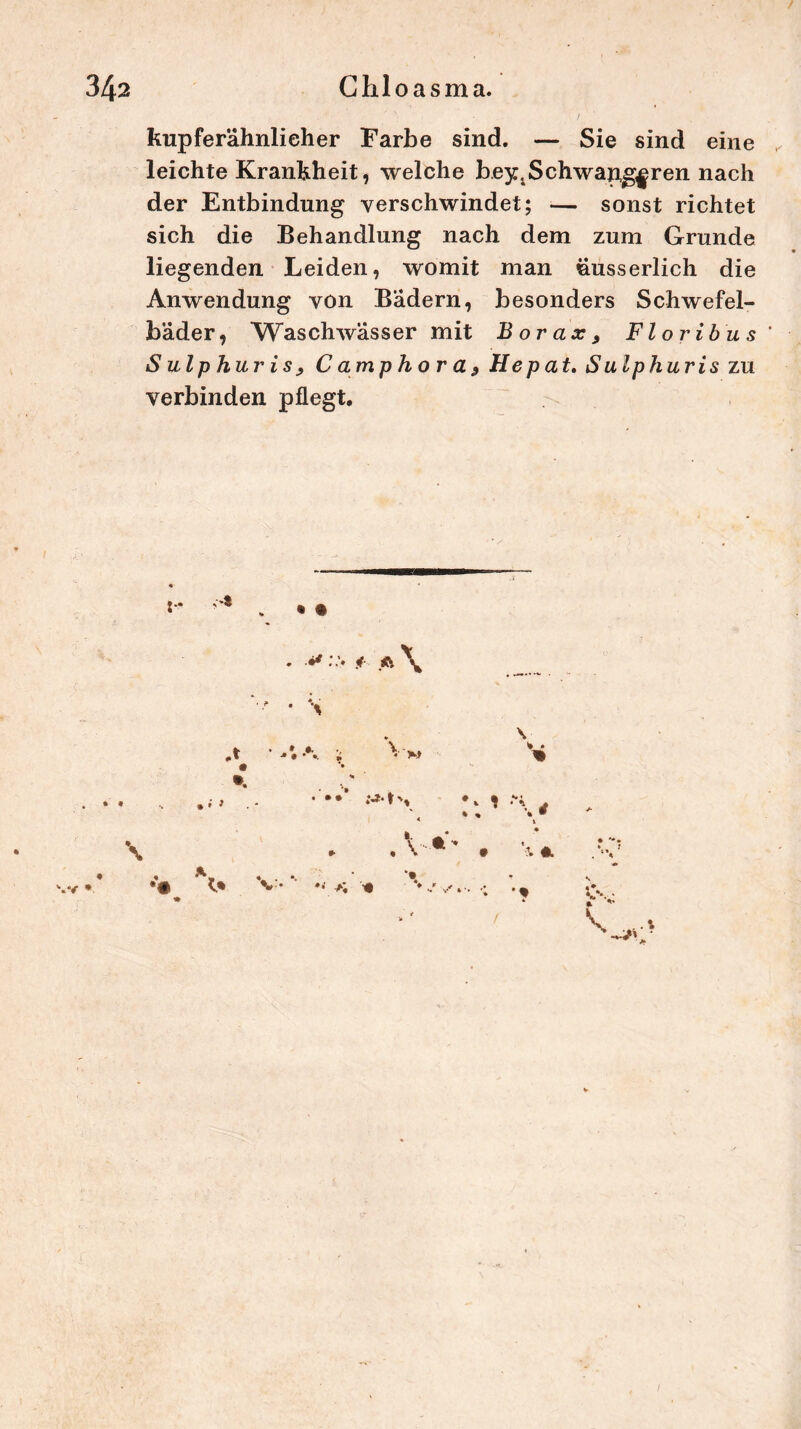 kupferähnlicher Farbe sind. — Sie sind eine leichte Krankheit, welche bey.Schwangeren nach der Entbindung verschwindet; — sonst richtet sich die Behandlung nach dem zum Grunde liegenden Leiden, womit man üusserlich die Anwendung von Badern, besonders Schwefel- bäder, Waschwässer mit Borax, Floribus ' Sulphuris, C am p h o r a 9 He pat. S ulphuris zu verbinden pflegt. :* • • < ft \ .t ■' • \ • I. » * * • * ;*?• t i % % % • •* * *•. i .. A *• . \ m i«. % v*-. . >