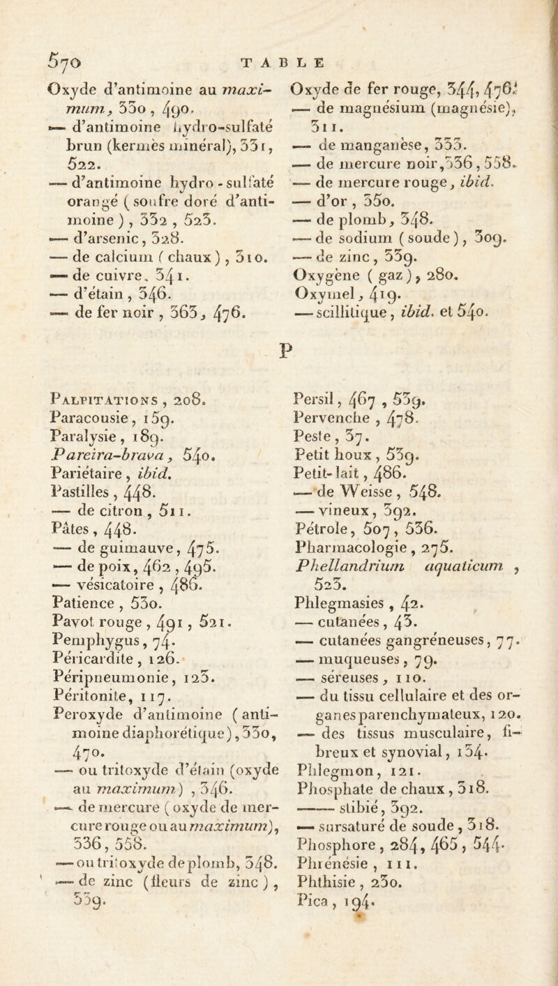 Oxyde d’antimoine au maxi¬ mum, 53o, 49^^ •— d’antimoine Lydro-suifaté brun (kermès minéral), 551, 522. — d’antimoine hydro - sulfaté orangé (soufre doré d’anti¬ moine ), 352,525. — d’arsenic, 52.8. — de calcium { chaux), 3io. — de cuivre, 541. — d’étain , 546. •— de fer noir , 365 ^ 476* Palpitations , 208. Paracousie, 159. Paralysie, 189. Pareira-brava , 54o. Pariétaire, ibid. Pastilles , 446- — de citron , 5i i. Pâtes ,446* — de guimauve, ■— de poix, 462,495. —• vésicatoire , 48^* Patience , 53o. Pavot rouge , 491 ? 521. Pemphygus, 74* Péricardite, 126. Péripneumonie, i25. Péritonite, 117. Peroxyde d’antimoine ( anti moine diapliorétique), 35o, 470* —- ou tritoxyde d’élain (oxyde au maximum) , 346. —- de mercure ( oxyde de mer¬ cure rouge ou au maximum]^ 556,558. *—outriioxyde de plomb, 548. -—de zinc (Üeurs de zinc), 559. Oxyde de fer rouge, 544» 476‘ — de magnésium (magnésie). 5ii. — de manganèse, 355. — de mercure noir,536,558. — de mercure rouge, ibid, — d’or , 55o. — de plomb, 548. — de sodium ( soude ), 309. — de zinc , 539. Oxygène ( gaz ) ^ 280, Oxymel ^4^9* —• scillilicj^ue, ibid, et 54o« P Persil, 467,559. Pervenche , 478. Peste, 57. Petit houx, 559. Petit-lait, 486. — deWeisse, 548. — vineux, 592. Pétrole, 507,556. Pharmacologie ,275. Pliellandrium acjuaticum j 525. Phlegmasies, 42* — cutanées ,4^. — cutanées gangréneuses, 77. — muqueuses, 79, — séreuses ,110. — du tissu cellulaire et des or- ganesparenchymateux, 120. — des tissus musculaire, fi¬ breux et synovial, i34- Phlegmon, 121. Phosphate de chaux , 5i8. -— slibié, 592. —• sursaturé de soude , 518. Phosphore , 284, 4^^ > ^44* Phiénësie , iii. Phthisie , 23o. Pica, 194.