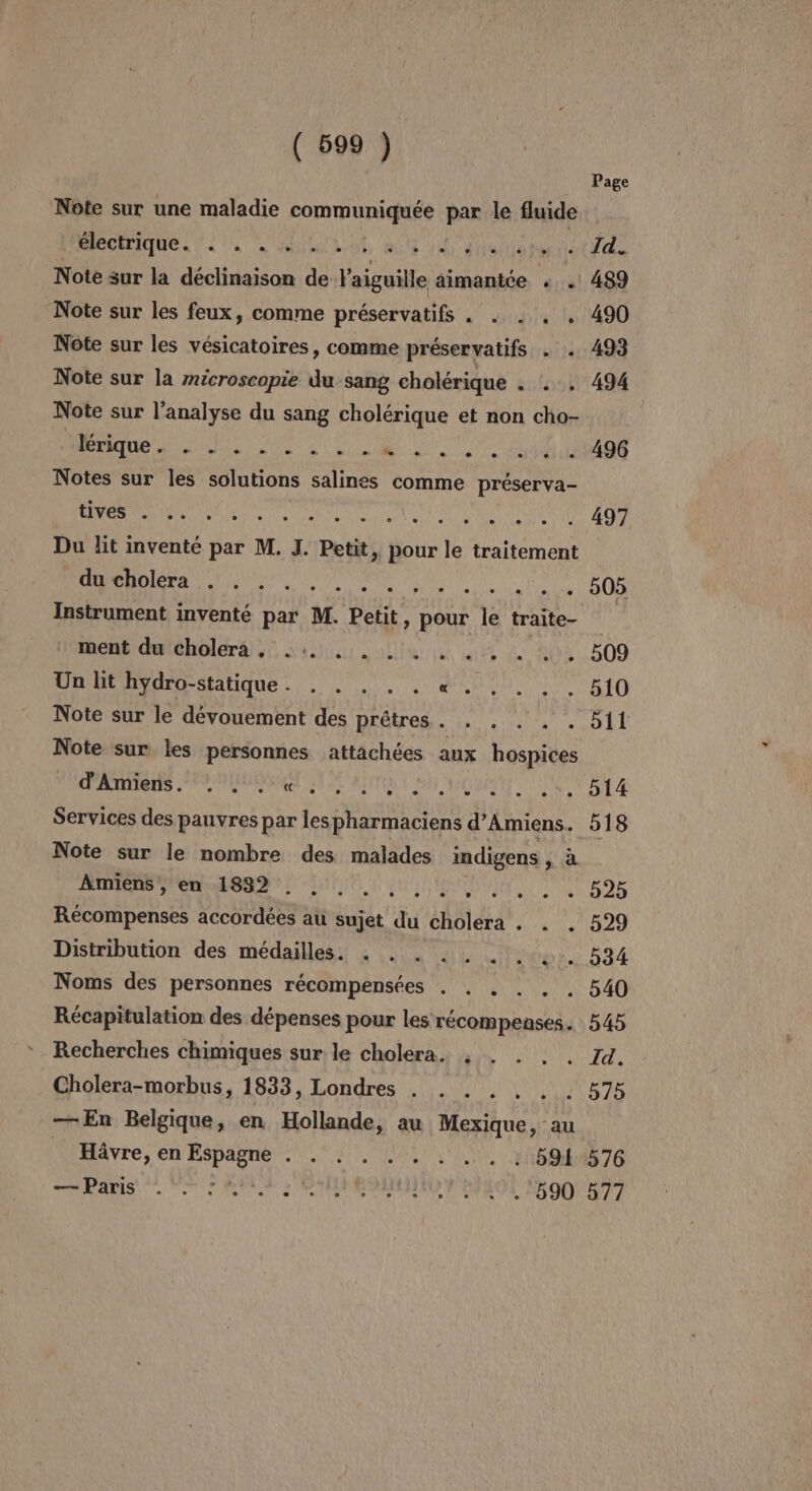 Note sur une maladie communiquée né le éuide électrique. . . . LS. &amp; stiallare Note sur la déclinaison je LE aimantce « . Note sur les feux, comme préservatifs . . . . Note sur les vésicatoires, comme préservatifs . Note sur la microscopie du sang cholérique . . Note sur l'analyse du sang cholérique et non cho- NS ES LR ete Notes sur les solutions salines comme préserva- Page 489 490 tives . RE NEA EE SRG ES a 0.497 Du lit inventé par M. J. Petit, pour le traitement du cholera . nl R AN a EE dt LL QU Instrument inventé par M. Petit, pour le traite- ment du cholera , 4... 4, . b09 Un lit hydro-statique. . . . . . «. . 910 Note sur le dévouement des prêtres . Note sur les personnes au AE aux hospices d'Amiens. . . . «. Services des pauvres par les pharmaciens d'Amiens. 518 Amiens, en 1832 . : , ; 925 Récompenses accordées au sujet du cholera . . . 529 Distribution des médailles. ve 0934 Noms des personnes récompensées . À Récapitulation des dépenses pour les récompenses … b4b *_ Recherches chimiques sur le cholera. , UT (0 Cholera-morbus, 1833, Londres . 11529 — En Belgique, en Hollande, au Mexique, au