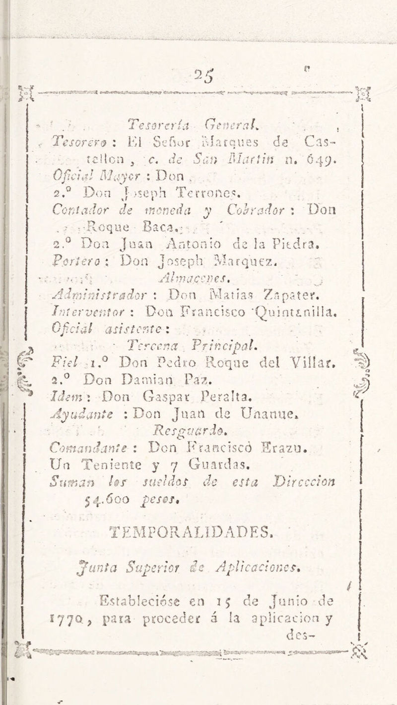 —4X±uKJt.i. -:„ji tX 25 p c-i*sv i-SRiS» 'K'.StV'i ÍC K'f i2i ** K ^ . • . Tesorería Genera!. , Tesorera : Ei Señor Marques de Cas- tellón j c. de San Martin n. 649. Oficia! Peí ayer : Don „ 2.° Don J >seph Terrones. Contador de moneda y Coarador : Don ■Roque Baca.; -2.0 Don Juan Antonio de la Piedra, Portero : Don Joseph Márquez. . ’-uñ ' Almacenes. ~  Administrador : Don Matías Zápater. Interventor : Don Francisco 'Quintanilia, Oficia! asistente : Tercena Principal. Fiel - 0 1 Don Pedro Roque del Villar, 2.0 Don Damián Paz. Idem: Don Gaspar Peralta. Ayudante : Don Juan de Uñarme, Reservarlo. o Comandante : Don Francisco Erazo. Un Teniente y 7 Guardas. Suman los sueldos de esta Dirección 54.600 pesos, TEMPORALIDADES, Junta Superior ie Aplicaciones, Establecióse en 1 5 de Junio de i77a ? para proceder á la aplicación y des- fe b *e$ D) ,rf rv