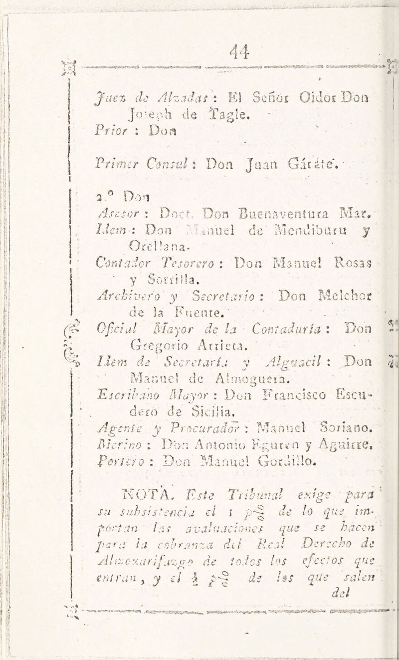 Juez de Alzadas : El Señor Oidor Don Jof.eph ele Tagle» Prior : Don Primer Censal : Don Juati Gácáíe. 2 0 Don Asesor : Docf. Don Buenaventura Mar# Idem : Don ,nnel de MendibUru y Orel lana- Contador Tesorero : Don Manuel Rosas y Sorrilla. Archivero y Secretario: Don Melchor de Fuente. Oficial Mayor de la Contaduría : Don Gregorio Arrisca. Liem de Secretaría v Alguacil : Don o . Manuel de Al niegue 13. User ¡rano Mayor : Don Francisco Escu- dero de Sicilia. yt gente Ti crino y Procurador : Manuel Sonano. : Do:: Antonio Kgurtn y Aguirre, Tortero : Don Manuel Gardillo. NOTA, Este Tribunal exige para su subsistencia ei 1 pO de lo que im- portan las avaluaciones que se tracen v-o! para ia cobranza di i bical Derecho de Almoxanfazgo de todos los efectos que entran, y d * yO de hs que salen
