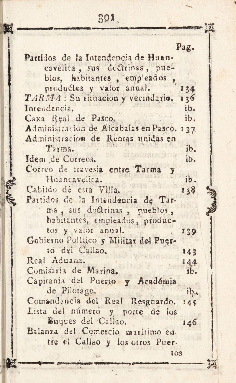 Pag. Partidos de la Intendencia de Huan- cavélica , sus doctrinas , pue- blos, habitantes , empleados , produbUs y valor anua). * 134 TARM'd : Su sudación y vecindad®. 136 Intendencia, ib. Caxa Real de Pasco. ib. Administrador de Alcabalas en Pasco. 137 Administración de Reatas unidas en Tsrma. ib. Idem de Correos. ib. Correo de travesía entre Tarma y Huanca vélica. , ib. Cabildo dé esta Villa, 1 3$ Partidos de la Inundeada de Tar* 1 ir-a . sus doctrinas , pueblos , habitantes, empleados, produc- ios y valor anual, . 139 Gobierno Político y Militar de4 Puer- to dd Callao, 143 Reai Aduana. ¡44 Comisaría de Marina* ib. Capitanía del Pumo y Acadénda de Pilota'ge. jfc Comandancia del Real Resguardo. 145 Lista del numeró y porte de los Buques dei Callao. 146 Balanza del Comercio marítimo en- tre ti Callao y ios otros Puer- tos