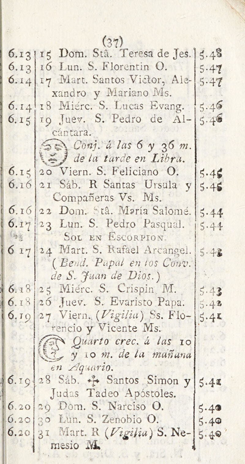 6.13 6.14 6.14 6.1^ 6.i6 6. i6 6.1^ 6 17 6.1B 6.1 6.19 (37) 16 Lun. S. Florentin O. 17 Marc. Santos Viclor, Aie- xandro y Mariano Ms. 18 Miérc. vS, Lucas Evang. Tp Jué'íT. S. Pedro de Al- cántara. > uonj. á las 6 y 36 m. ;i 6.19 6.20 6.20 6.20 - -te» ^ de la tarde en Libra. 20 Viern. S. Feliciano O. 21 Sáb. R Santas Ursula y Compañeras Vs. Ms. 2 2 Uom.-  tá. M?ría Salomé. 23 Lun. S. Pedro Pasqual. Sol en Escorpión. 24 Mart. S. Rafael Arcángel. ( Bend. Papal en ios Conv. de S. Juan de Dios.) 2 ^ Miérc. S. Crispin M, 26 Juev. S. Evaristo Papa. 27 ViQ]:a.. {Vigilia) Ss. FIo- ^•encio y Vicente Ms. Quarto cree, á las 10 y lo w. de la mañana til ydqmrio. 28 Sáb. *■% Santos Simón y Judas Tadeo Apóstoles. 29 Dom. S. Narciso O. 30 Lun. S. Zenobio O. 31 Mart. R (Vigilia) S. Ne- mesio iíS, 5-47 5-47 5.46 !^-4¿ 5-4¿ 5-44 5-44 t>- ■ T9 a-41 5 • 4^ á-41 5-4® 5.4Q $•4®