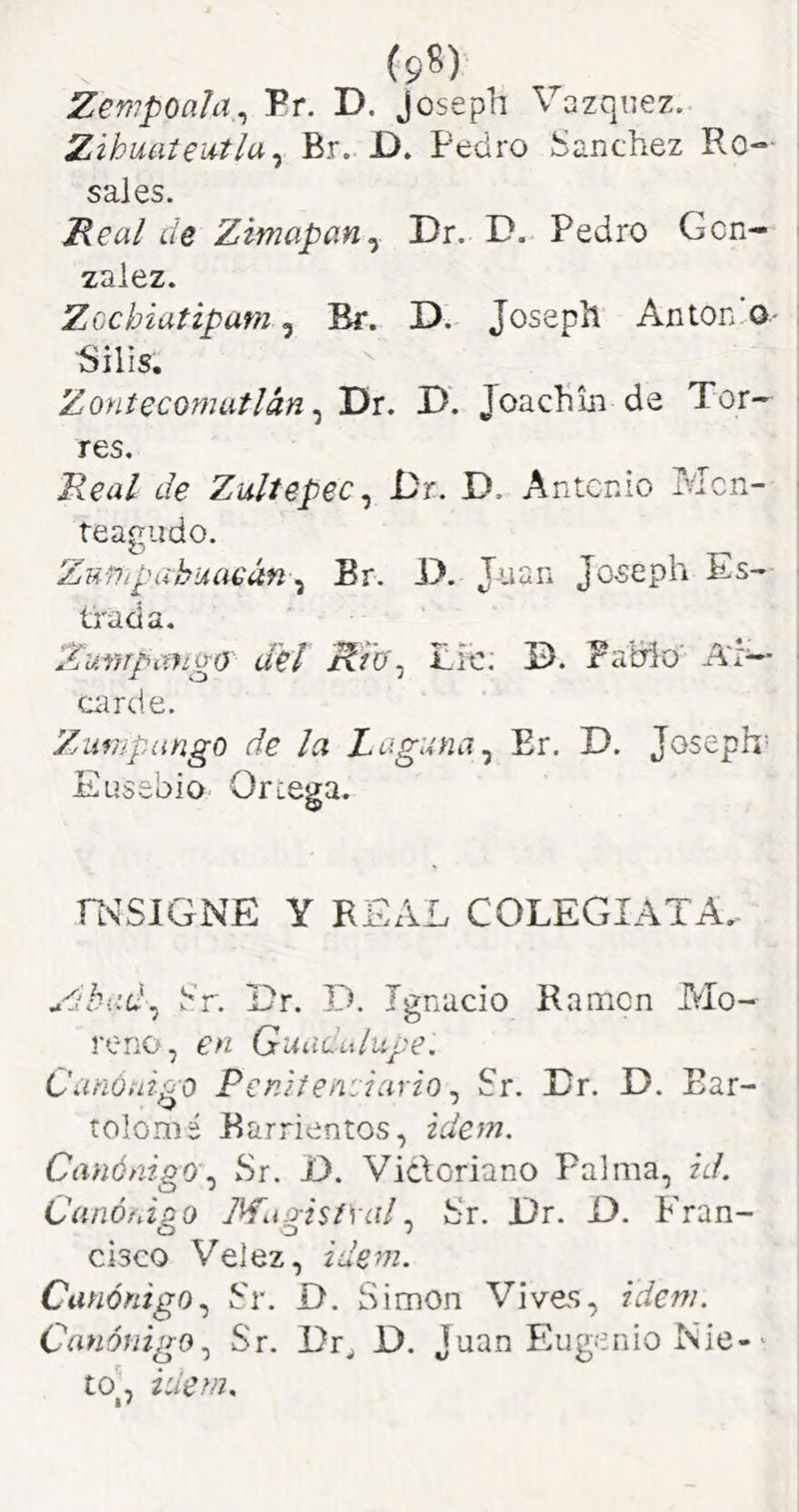 Zewpoahx^ Pr. D. Joseph Vázquez. Zihuate'Litla^ Br. D. Pedro Sánchez Ro- sales. Heal de Zimapafiy Dr. D. Pedro Gon- zález. Zcchiatipam ^ Bf. D. Joseph Antón o- ■Silis. Zoyitecomatlán ^ Dr. D. Joachin de Tor- res, Real de Zultepec^ Dr, D. Antonio Mcn- teagiido. Zu f}ipabuaeán ^ Br. i). Juan Joseph Es- trada. ZuriTpínigo del Tic. D. FaWo' A':-- carde. Zunipango de la Laguna^ Er. D. Joseph- Eusebio Ortega. n^SJGNE Y REAL COLEGIATA. Sr. Dr. D. Ignacio Ramón Mo- reno, en GuliCíthlpe. Canófiigo Pcniteirjiavio ^ Sr. Dr. D. Ear- tolomé Barrientes, idern, Canónigo\¡ Sr. D. Vitloriano Palma, id. Canónigo MugisivalSr. Dr. D. Fran- cisco Velez, idevi. Canónigo.^ Sr. D. Simón Vives, ideni. Canónigo^ Sr. Dr^ D. Juan Eugenio Nie-' tOp iuenj.