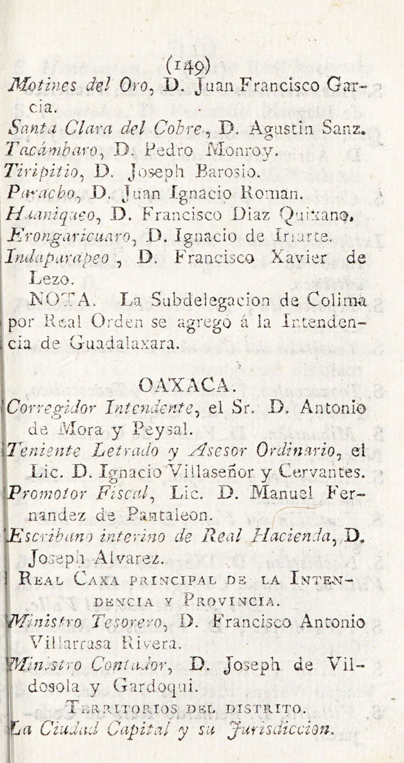 Motines del Oro, D. Juan Francisco Gar- cía. Santa Clara del Cobre. D. Ao-astiii Sanz. 'O Tacámbaro^ D. Pedro Monroy. Tirípiíio^ D. Josepii Barosio. Pít*-acho^ D. Juan Ignacio Román. Haaniqaeo^ D. Francisco üiaz Quiüano. Krongarícuaro^ I). Ignacio de íriarce. ilndaparapeo^ D. F'rancisco Xavier de ! Lezo. I NOTA. La Subdelegacion de ColinKi i por Real Orden se agrego á la Ir.tenden- cia de Guadalaxara. ? OAXACA. Corregidor Intendente^ el Sr. D. Antonio ¡de Alora y Peysal. Teniente Letrado y ydsesor Ordinario^ el Lie. D. Ignacio Villaseñor y Cervantes. jProwo/or Fiscal^ Lie. D, Manuel Fer- nandez de Pantaieon. , ySserihano interino de Real Hacienda^D. i Joseph xXlvarez. I Re.'\L CaXA PXir.'>7CIPAL DS LA InTEAT- DKxmiA y Provi.ucia. Ministro Tesorero^ D. Francisco Antonio : Vil'.arrasa Rivera. Ministro Coníiodor^ D. Joseph de Vil- : dosola y Gardocjui. i TKa.RITOR.lOS -DEL DISTRITO. Ifcíí Ciudad Capital y su j-ufisdiceion.