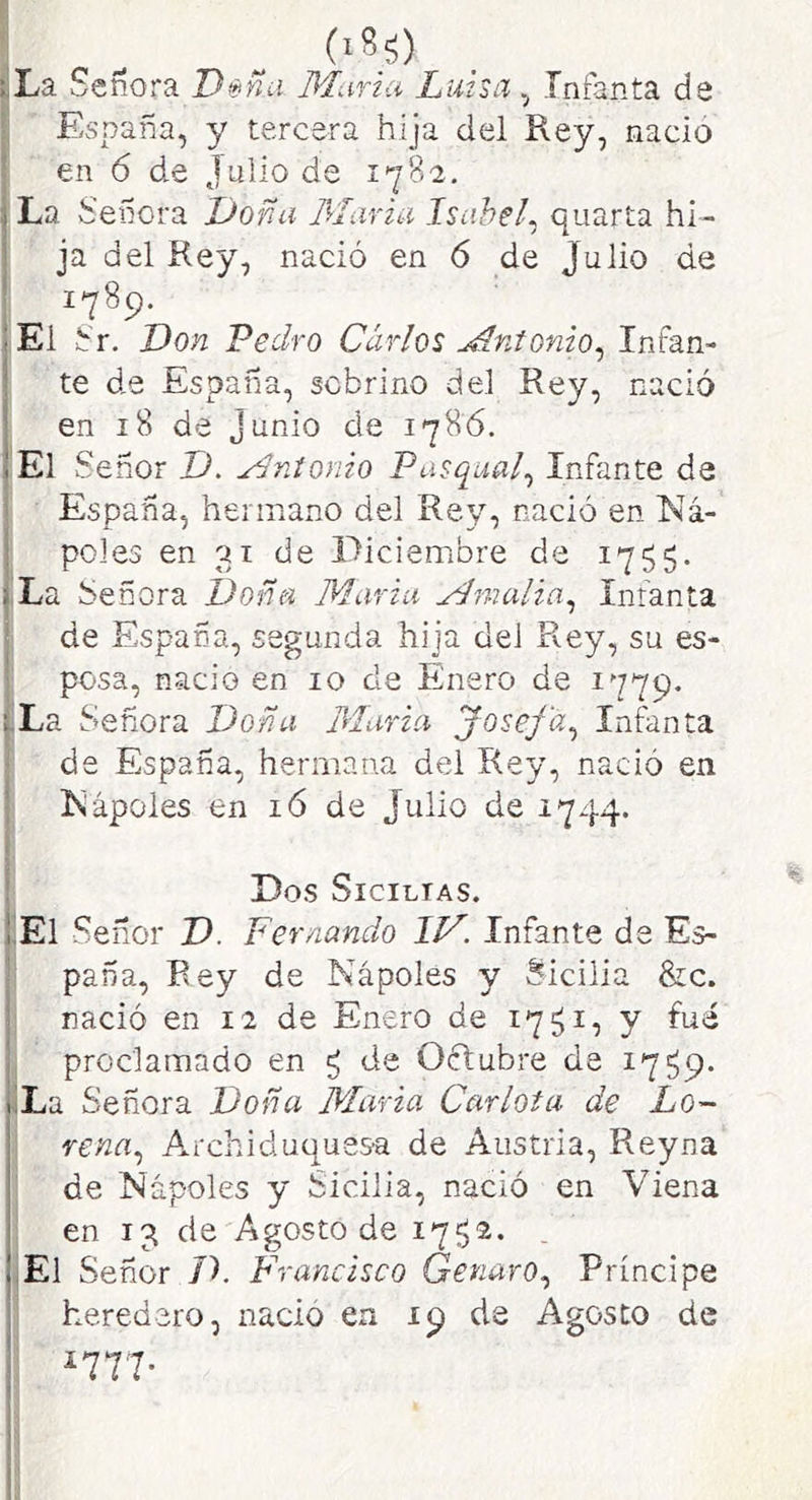 Xa Señora Déña Muría Luisa , Infanta de España, y tercera hija del Rey, nació en 6 de Julio de 1782. La Señora Doña María Isabel^ quarta hi- ja del Rey, nació en ó de Julio de 1789. :E1 hr, Don Pedro Carlos Mntonio^ Infan- • te de España, sobrino del Rey, nació 1 en 18 de Junio de m Sen or D. Antonio Pusqual^ Infante da España, hermano del Rey, nació en Ña- póles en 31 de Piciembre de 1755. i La Señora Dona María Mmalia^ Infanta j; de España, segunda hija del Rey, su es- '■ posa, nació en 10 de Enero de 1779. í La Señora Doña María Josefa^ Infanta de España, hermana del Rey, nació en Ñapóles en ló de Julio de 1744. Dos SlCILlAS. Xl Señor D. Fernando IV. Infante de Es- paña, Bey de Ñapóles y Sicilia &c. i nació en 12 de Enero de 17^1, y fué í proclamado en ^ de Oótubre de 17^9. -La Señora Doña María Carlota de Lo- rena.^ Archiduquesa de Austria, Reyna de Ñapóles y Sicilia, nació en Viena en 13 de Agosto de 1752. . Xl Señor D. Francisco Genaro^ Príncipe i heredero, nació en 19 de Agosto de ! ^777-