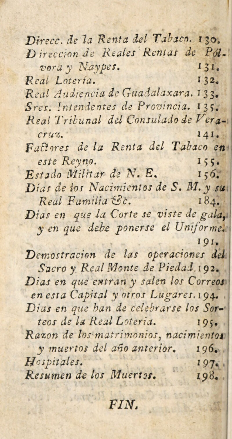 Virecc. de Ja Renta del Tahacn. 130. L) jreccion de Ríales Rentas de Pól- vora y N-aypes, 131. Real Lotería. 132, Real Audiencia de Guadalaxara. i 33, Sres. Intendentes de Pro7)incia. 135. Real Tribunal del Consulado de Vera- cruz. 141. Raptores de la Renta del Tabaco en este Rey no. 155. Estado iVIilitar de E, 1^6,' Dias de ¡os Nacimientos de S. ddl. y su Real Familiai:. 184, Dias en que la Corte se viste de gala, y en que dehe ponerse el Uniforme^ ipí. Demostración de las operaciones del Sacro y Real Monte de PiedaiA^a, Dias en qué entran y salen los Correos en esta Capital y otros Lugares. 194^ Dias en que han de celebrarse los Sor- teos de la Real Lotería. 195. Razón de los matrimonios, nacimientos y muertos del año anterior^ 196, Hospitales. 197. Resumen de los Muertos, FIN,