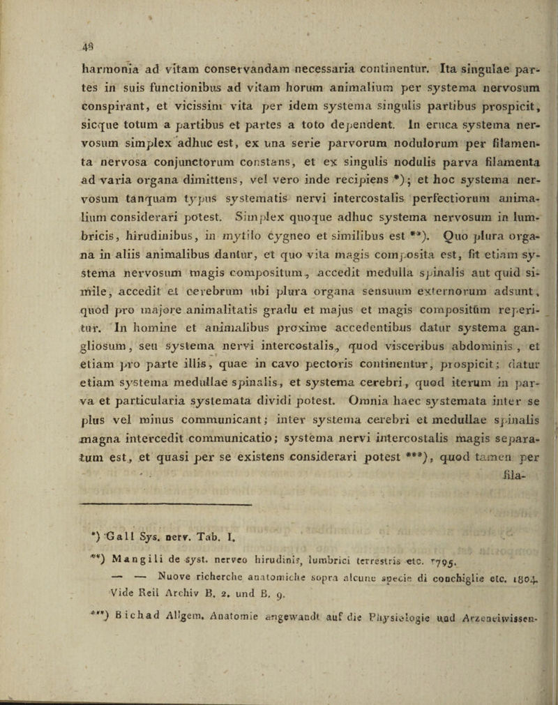 harmonia ad vitam conservandam necessaria continentur. Ita singulae par- tes in suis functionibus ad vitam horum animalium per systema nervosum conspirant, et vicissim vita per idem systema singulis partibus prospicit, sicque totum a partibus et partes a toto dependent. In eruca systema ner- vosum simplex adhuc est, ex una serie parvorum nodulorum per filamen- ta nervosa conjunctorum constans, et ex singulis nodulis parva filamenta vosum tánquam typus systematis nervi intercostalis perfectiorum anima- lium considerari potest, Simplex quoque adhuc systema nervosum in lum- bricis, hirudinibus, in mytilo €ygneo et similibus est **). Quo plura orga- stema nervosum magis compositum, accedit medulla spinalis aut quid si- mile, accedit et cerebrum ubi plura organa sensuum externorum adsunt, quod pro majore animalitatis gradu et majus et magis compositüm reperi- tur. In homine et animalibus proxime accedentibus datur systema gan- gliosum, seu systema nervi intercostalis, quod visceribus abdominis , et etiam pro parte illis, quae in cavo pectoris continentur, prospicit; datur etiam systema medullae spinalis, et systema cerebri, quod iterum in par- va et particularia systemata dividi potest. Omnia haec systemata inter se plus vel minus communicant; inter systema cerebri et medullae spinalis magna intercedit. communicatio; systema nervi intercostalis magis sepaxa- ium est, et quasi per se existens considerari potest ***), quod tamen per CHOS 0 dla- S Gall Sys, nerv. Tab. I, **) Mangili de syst. nerveo hirudinis, lumbrici terrestris etc. 7795. -— -— Nuove richerche anatomiche sopra alcune specie di conchiglie elc, 1504. Vide Rei Archiv B, 2, und B, 9. ***) Bichad Aligem, Anatomie angewandt auf die Physielogie uad Arzeneiwissen- | !