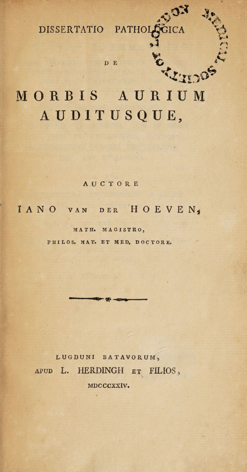 V-» Y PE C MORBIS AURIUM AUDITUSQUE, AUCTORE lANO 'VAN DER HOEVENj^ MATH. MAGISTRO, PHILO S. NAT. ET MED. DOCTORE. LUGDUNI BATAVORUM, APUD L. HERDINGH et FILIOS, MDCCCXXIV.
