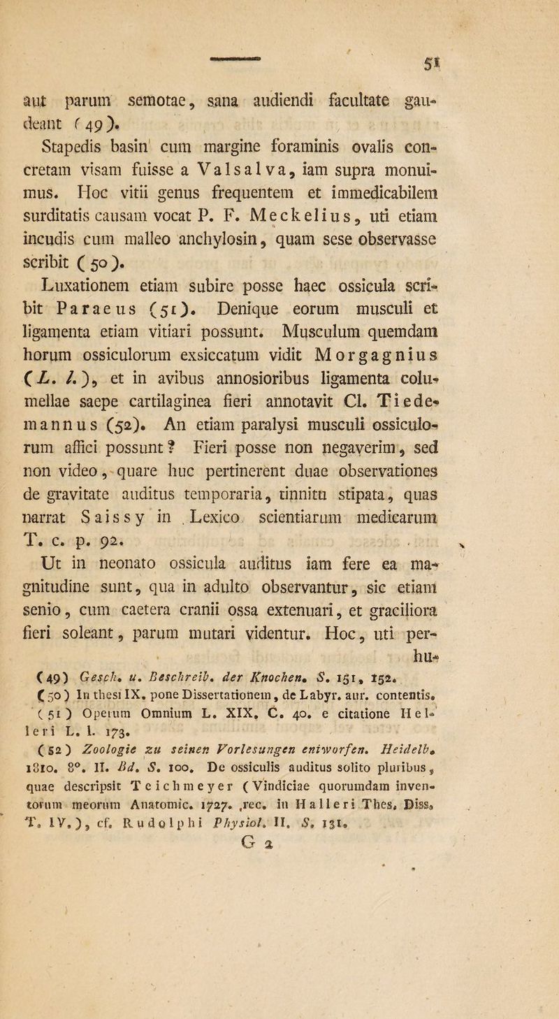 aut parum semotae, sana audiendi facultate gau¬ deant C 49). Stapedis basin' cum margine foraminis ovalis con¬ cretam visam fuisse a Valsalva, iam supra monui¬ mus. Hoc vitii genus frequentem et immedicabilem surditatis causam vocat P. F. Meckelius, uti etiam incudis cum malleo anchylosin, quam sese observasse scribit ( 50 ). Luxationem etiam subire posse haec ossicula scri¬ bit P a r a e u s (51). Denique eorum musculi et ligamenta etiam vitiari possunt. Musculum quemdam horum ossiculorum exsiccatum vidit Morgagnius CZr. /.), et in avibus annosioribus ligamenta colu-» mellae saepe cartilaginea fieri annotavit Cl. Tiede- mannus (52). An etiam paralysi musculi ossiculo^ rum affici possunt f Fieri posse non negaverim, sed non video, quare huc pertinerent duae observationes de gravitate auditus temporaria, tinnitu stipata, quas narrat Saissy in , Lexico. scientiarum medicarum T. c. p. 92. Ut in neonato ossicula auditus iam fere ea ma¬ gnitudine sunt, qua in adulto observantur, sic etiam senio, cum caetera cranii ossa extenuari, et graciliora fieri soleant, parum mutari videntur. Hoc, uti per- hu- (49) GescJi* u, Beschreih, der Knochen» S, 151, 152* ( 50 ) In thesi IX. pone Dissertationem, de Labyr. aur. contentis. C 51 ) Opeium Omnium L. XIX, C. 40, e citatione H e U I e r i L, l. 173. (S2) Zoologie zu seinen Forlesungen eniworfen» Heidelb» 1810, 8®. II. l^d, S, 100, De ossiculis auditus solito pluribus j quae descripsit Teiclimeyer (Vindiciae quorumdam inven¬ torum meorum Anatomic. 1727. ,rec, in Ha 11 eri Thes, Diss* T, IV, cf. Rudo Iphi VhysioU II. S, 131. G 2