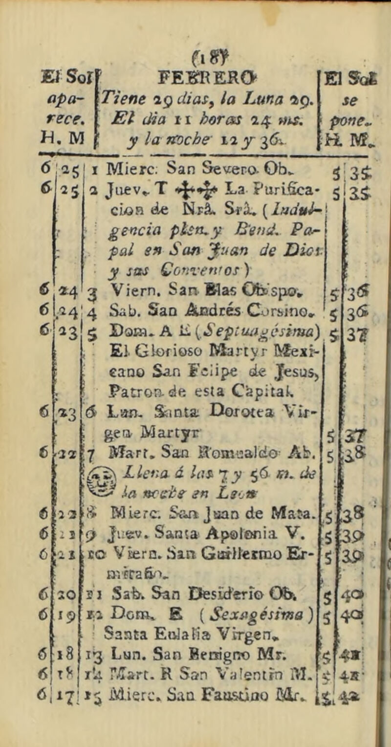 apa- Tiene ig dias, ia Luna 29. se rece. Ei día ir ¿orar 24 tus. pone- H. M ! y la troche ir y 36v R M, 6 2< 1 Míerc. San Severo- Ob. ¡3Í 6 2!í 1 Jiiev, T La Purifica* 5 3* cíoh de Nrá. Srá. (Ludul- j gencia plstuy Retid.. Pa- pal en San Juan de Dio i y sos Conventos) < *4 3 Viern. San Blas Ob'spo. $ 35 r> .*4 4 Sat>. San Andrés Corsine* 5 3& (5 a3 5 San. A Ü (.Septuagésima) $ 3? , ' El Glorioso Martyr Mexi- cano San I'ciipe de Jesús», 1 Patrón de esta Capital, 1 6 *3 <5 Latí. Santa Dorotea Vir- ; gen Martyr 5 3.7 t •12 I7 Marr. San Romualdo- Ab, S ¡3» Llena á las 7y 56 sj. de i la rucie en León 1 ¡ 6 12 3 Mié re. San Juan de Mata. 5 S 38 ; 6 21 f> Ji-ev. Santa Apalonia V. 39 6 21 r© Viern. .San Garlíernio Er- s 39 Biirafin. . 6 20 11 Safe. San Desiderio Oír. $ 4» 6 19 ri Doro. E ( Sexagésima ) i 40, Santa Eulalia Virgen, 6 x 8 j 13 Lun. San Benigno Mr. $[**; f> t*¡ rfe fíart. R San Valentín M. $ 4*; 6, n\ »$ Mierc. San Faustino Mr. [