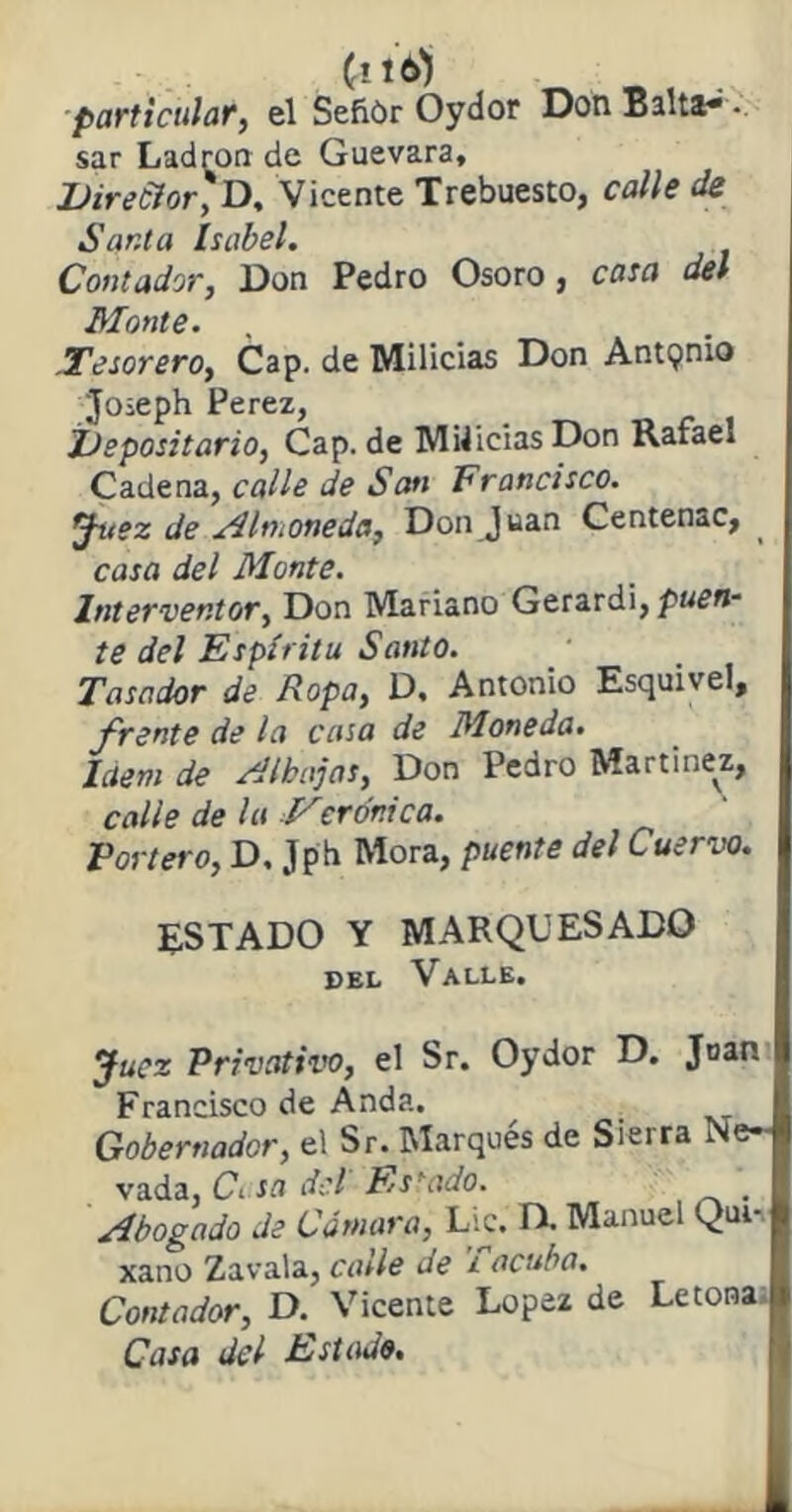 (116) particular, el Señor Oydor Don Balta* sar Ladrón de Guevara, Director, D, Vicente Trebuesto, calle de Santa Isabel. Contador, Don Pedro Osoro , casa del Monte. .Tesorero, Cap. de Milicias Don Antpnio Joseph Perez, Depositario, Cap. de Milicias Don Rafael Cadena, calle de San Francisco. Juez de Almoneda, Don Juan Centensc, ^ casa del Monte. Interventor, Don Mariano Gerardi,p«e«- te del Espíritu Santo. Tasador de Ropa, D, Antonio Esquivel, frente de la casa de Moneda. Idem de Alhajas, Don Pedro Martine^z, calle de la Verónica. Tortero, D, Jp'h Mora, puente del Cuervo. ESTADO Y MARQUESADO del Valle, Juez Privativo, el Sr. Oydor D. Joan Francisco de Anda. Gobernador, el Sr. Marqués de Sierra Ne- vada, Ci sa del Estado. . Abogado de Cámara, Lie. n. Manuel Qui-, xano Zavala, calle de i acuba. Contador, D. Vicente López de Letona.; Casa del Estado.
