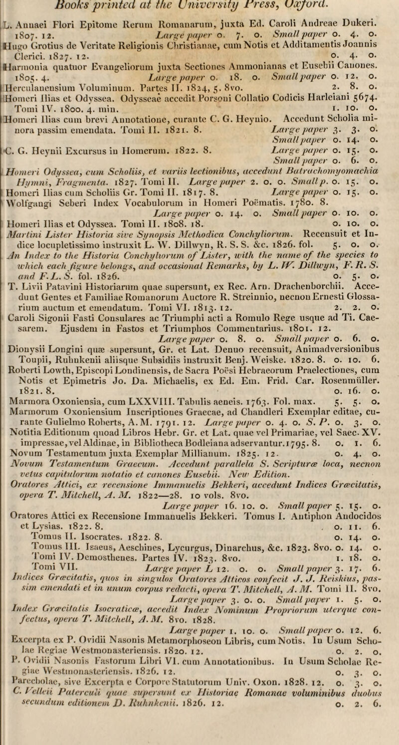 L. Annaei Flori Epitome Rerum Romanarum, juxta Ed. Caroli Andreae Dukeri. 1807. 12. Large pulin' o. 7- Small paper o. 4. o. Hugo Grotius dc Veritate Religionis Christianae, cumNotis et Additameutis Joannis Clerici. 1827. 12. o. 4- °- Hurmouia quatuor Evangeliorum juxta Scctiones Ammonianas ct Eusebii Cauones. 1805.4. Large paper o. 18. o. Small paper o. 12. o. .'Herculaneusium Volumiuum. Partes II. 1824, 5. 8vo. 2. 8. o. lHomeri llias et Odyssea. Odysseae accedit Porsoni Collatio Codicis Harleiani 5^74- Tomi IV. 1800. 4. min. !• f°- °- Homeri llias cum brevi Anuotatione, curante C. G. Heyuio. Accedunt Scholia mi¬ nora passim emeudata. Toini II. 1821. 8. Large paper 3. 3. o. Small paper o. 14. o. •C. G. Heynii Excursus in Homcruin. 1822. 8. Large paper o. 15. o. Small paper o. 6. o. Homeri Odyssea, cum Scholiis, et varus lectionibus, accedunt Batrachomyomacliia Hymni, Fragmenta. 1827. Toini 11. Large paper 2. o. o. Small p. o. 15. o. Homeri llias cum Scholiis Gr. Tomi II. 181 7. 8. Large paper o. 15. o. Wolfgaugi Seberi Index Vocabulorum in Homeri Poematis. 1780. 8. Large paper o. 14. o. Small paper o. 10. o. Homeri llias et Odyssea. Tomi II. 1808. 18. o. 10. o. Martini Lister Historia sice Synopsis ISIcthodica Conchyliorum. Rcceusuit et In¬ dice locupletissimo instruxit L. W. Dillwyn, R. S. S. &c. 1826. fob 5. o. o. An Index to the Historia Conchyhorum of Lister, with the name of the species to which each figure belongs, and occasional Remarks, by L. TV. Dillwyn, F. R. S. and F.L.S. fol. 1826. o. 5. o. T. Livii Patavini Historiamm quae supersunt, ex Rec. Arn. Drachenborchii. Acce- duut Geutes et FamiliaeRomanorum Auctore R. Streinuio, uecnouErnesti Glossa- rium auctutn et emendatum. Tomi VI. 1815. 12. 2. 2. o. Caroli Sigonii Fasti Consulares ac Triumphi acti a Romulo Rege usque ad Ti. Cae- sarem. Ejusdem in Fastos et Triumphos Commentarius. 1801. 12. Large paper o. 8. o. Small paper o. 6. o. Diouysii Longiui quse supersunt, Gr. et Lat. Deuuo recensuit, Animadversionibus Toupii, Rubukeuii aliisque Subsidiis instruxit Beuj. Weiske. 1820. 8. o. 10. 6. Roberti Lowth, Episcopi Londinensis, de Sacra Poesi Hebraeorum Praelectiones, cum Notis et Epimetris Jo. Da. Micbaelis, ex Ed. Em. Frid. Car. Rosenmiiller. 1821. 8. o. 16. o. Marmora Oxoniensia, cum LXXVIII. Tabulis aeneis. 1763. Fob max. 5. 5. o. Marmorum Oxoniensium Inscriptioues Graecae, ad Chandleri Exemplar editae, cu¬ rante Gulielmo Roberts, A. M. 1791. 12. Large paper o. 4. o. S. P. o. 3. o. Notitia Editionum quoad Libros Hebr. Gr. et Lat. quae vel Primariae, vel Saec- XV. impressae,vel Aldinae, in Bibliotheca Bodleiana adservantur.i 795. 8. o. 1. 6. Novum Testamentum juxta Exemplar Millianum. 1825. 12. o. 4. o. Novum Testamentum Graecum. Accedunt parallela S. Scripturee loca, necnon velus capitulorum notatio et canones Eusebii. New Edition. Orulores Atlici, ex recensione lmmanuelis Bekkeri, accedunt Indices Grcecitatis, opera T. Mitchell, A. M. 1822—28. 10 vols. 8vo. Large paper 16. 10. o. Small paper 5. 15. o. Oratores Attici ex Recensione lmmanuelis Bekkeri. Tomus I. Antiphon Andocidos et Lysias. 1822.8. o. 11. 6. Tomus II. Isocrates. 1822. 8. o. 14. 'l omus III. Isaeus, Aeschines, Lycurgus, Dinarchus, &c. 1823. 8vo. o. 14. Tomi IV. Demosthenes. Partes IV. 1823. 8vo. 1. 18. Indices Grcecitatis, r/uos in singulos Oratores Attinos confecit J. J. Reis/tius, pas sim emendati et in unum corpus redacti, opera T. Mitchell, A. M. Toini II. 8vo. Large paper 3. o. o. Small paper 1. 5. o. Index Gra’citalis Isncraticce, accedit index Nominurn Propriorum uterque con- fee tus, opera T. Mitchell, A. M. 8vo. 1828. Large paper 1. 10. o. Small paper o. 12. 6. Excerpta ex P. Ovidii Nasonis Metamorphoseon Libris, cuin Notis. In Usuin Sclio- lae Regiae Westmonasteriensis. 1820. 12. o. 2. o. P. Ovidii Nasonis Fastorum Libri VI. cum Aunotationibus. In Usum Scholae Re¬ giae Westmonasteriensis. 1826. 12. o. 3. o. Parecbolac, sive Excerpta e CorporeStatutorum Univ. Oxon. 1828. 12. o. 3. o. C. Velleii Paterculi quae supersunt ex Historiae Romanae voluminibus duobus secundum editioncm D. lluhnkcnii. 1826. 12. o. 2. 6. o. o. o.
