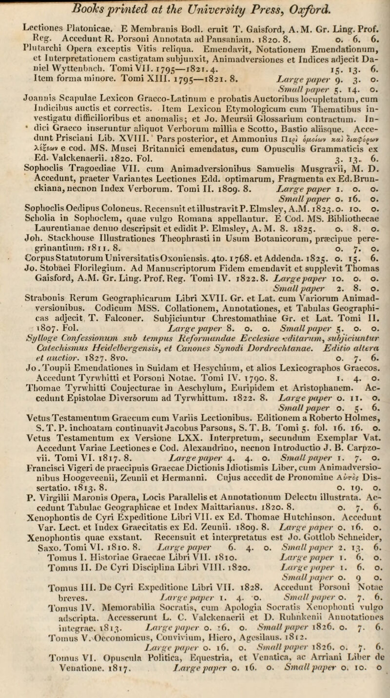Lectiones Platonicae. E Membranis Bodl. emit T. Gaisford, A.M. Gr. Ling. Prof. Peg. Accedunt R. Porsoui Annotata ad Pansaniam. 1820. 8. o. 6. 6. Plutarchi Opera exceptis Vitis reliqua. Emendavit, Notationem Eraendationum, et I uterpretationeni castigatam subjuuxit, Animadversiones et Indices adjecit Da¬ niel Wyttenbach. Tomi VII. 1795—1821.4. 15. 13. 6. Item forma ininore. Tomi XIII. 1795—1821.8. Large paper 9. 3. o. Small paper 5. 14. o. Joannis Scapulae Lexicon Graeco-Latinum e probatis Auctoribus locupletatum, cum Iudicibus auctis et correctis. Item Lexicon Etymologicum cum Thematibus in- vestigatu difficilioribus et anomalis; et Jo. Meursii Glossarium contractnm. In- • dici Graeco iuseruntur aliquot Verborum millia e Scotto, Bastio aliisque. Acce¬ dunt Prisciani Lib. XVIII. Pars posterior, et Ammonius nsji opoian xcc'i SixQobcoy XihuY e cod. MS. Musei Britannici emendatus, cum Opusculis Grammaticis ex Ed. Valckenaerii. 1820. Fol. 3. 13. 6. Sophoclis Tragoediae VII. cum Animadversionibus Samuelis Musgravii, M. D. Accedunt, praeter Variantes Lectioues Edd. optimarum, Fragments ex Ed.Brun- ckiaua, necnon Index Verborum. Tomi II. 1809. 8. Large paper 1. o. o. Small paper o. 16. o. Sophoclis Oedipus Coloneus. RecensuitetillustravitP.Elmsley, A.M. 1823.0. 10. o. Scholia in Sophoclem, quae vulgo Romana appellantur. E Cod. MS. Bibliothecae Laurentiauae denuo descripsit et edidit P. Elmsley, A. M. 8. 1825. o. 8. o. Job. Stackhouse Illustrationes Theophrasti in Usum Botanicorum, pracipue pere- grinantium. 1811. 8. o. 7. o. CorpusStatutorum UniversitatisOxoniensis. 4to. 1768. et Addenda. 1825. o. 15. 6. Jo. Stobaei Florilegium. Ad Manuscriptorum Fidem emendavit et supplevit Thomas Gaisford, A.M. Gr. Ling. Prof. Reg. Tomi IV. 1822.8. Largepaper 10. o. o. Small paper 2. 8. o. Strabonis Rerum Geographiearum Libri XVII. Gr. et Lat. cum Variorum Animad¬ versionibus. Codicum MSS. Collationem, Aunotationes, et Tabulas Geographi- cas adjecit T. Falconer. Subjiciuntur Chrestomathiae Gr. et Lat. Tomi II. (807. Fol. Large paper 8. o. o. Small paper 5. o. o. Si/lloge Confessionum sub tempus Reformandue Eeclesiae vditamm, subjiciuntur Catechismus Heidelbergensis, et Canones St/nodi Dordrechtanae. Editio altera et auctior. 1827. 8vo. o. 7. 6. Jo.Toupii Emendationes in Suidam et Hesychium, et alios Lexicographos Graecos. Accedunt Tynvhitti et Porsoni Notae. Tomi IV. 1790. 8. 1. 4. o. Thomae Tyrwbitti Coujecturae in Aeschylum, Euripidem et Aristopbanem. Ac¬ cedunt Epistolae Diversorum ad Tyrwhittum. 1822. 8. Large paper o. 11. o. Small paper o. 5. 6. Vetus Testameutum Graecum cum Variis Lectionibus. Editionem a Roberto Holmes, S.T. P. inchoatam coutinuavit Jacobus Parsons, S.T.B. Tomi 5. fol. 16. 16. o. Vetus Testameutum ex Versione LXX. Interprctum, secundum Exemplar Vat. Accedunt Variae Lectiones e Cod. Alexaudriuo, necnon Introductio J. B. Carpzo- vii. Tomi VI. 1817.8. Large paper 4. 4. o. Small paper 1. 7. o. Francisci Vigeri de praecipuis Graecae Dictionis Idiotismis Liber, cum Animadversio¬ nibus Hoogeveenii, Zeunii et Hermanni. Cujus accedit de Pronomine Aurcs Dis- sertatio. 1813. 8. o. 19. o. P. Virgilii Marouis Opera, Locis Parallelis et Annotationum Delectu illnstrata. Ac¬ cedunt Tabulae Gcographicae et Index Maittariauus. 1820. 8. o. 7. 6. Xcuopbontis de Cyri Expeditione Libri VII. ex Ed. Thomae Hutchinson. Accedunt Var. Lect. et Index Graecitatis ex Ed. Zeuuii. 1809. 8. Large paper o. 16. o. Xenophontis quae exstant. Recensuit et interpretatus est Jo. Gottlob Schneider, Saxo. Tomi VI. 1810. 8. Largepaper 6. 4. o. Small paper 2. 13. 6. Tomus l. Histnriae Graecae Libri VII. 1810. Largepaper 1. 6. o. Tomus II. De Cyri Disciplina Libri VIII. 1820. Largepaper 1. 6. o. Small paper o. 9 o. Tomus III. Dc Cyri Expeditione Libri VII. 1828. Accedunt Porsoni Notae breves. Largepaper 1. 4. o. Small paper o. 7. 6. Tomus IV. Memorabilia Socratis, cmn Apologia Socratis Xenophonti vulgo adscripta. Accesscrunt L. C. Valckenaerii et D. Ruhnkcnii Aunotationes integrae. 1813. Largepaper o. 16. o. Small paper 1826. o. 7. 6. Tomus V.'Occonomicus, Couvivium, Hiero, Agesilaus. 18(2. Largepaper o. 16. o. Small paper 1826. o. 7- 6. Tomus VI. Opuscule Politics, Equestria, ct Venatica, ac Arriani Liber de