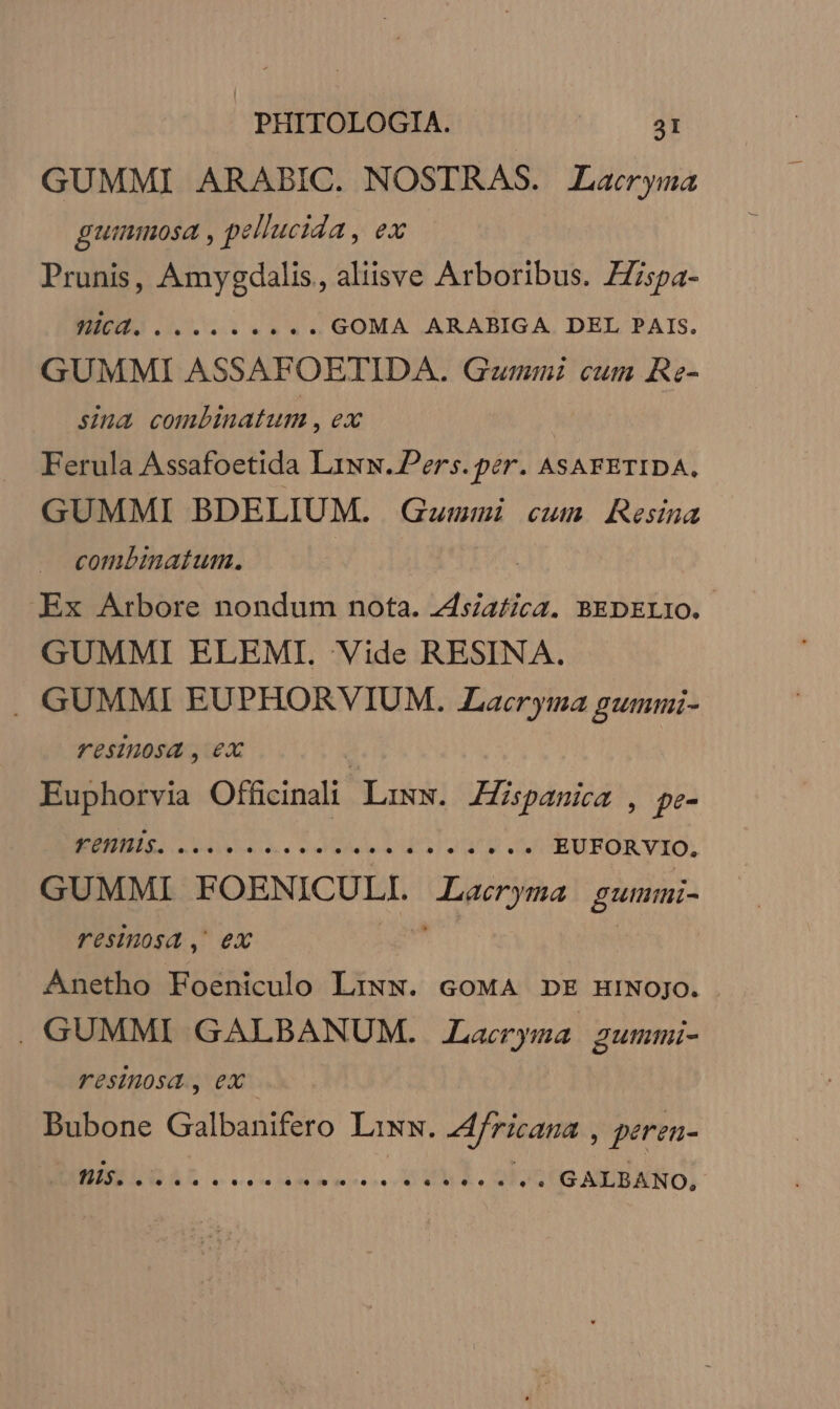 GUMMI ARABIC. NOSTRAS. Lacryma gummosa , pellucida , ex Prunis, Amygdalis, aliisve Arboribus. ZZspa- BE Ia ..««. GOMA ARABIGA DEL PAIS. GUMMI ASSAFOETIDA. G»unmmni cum Re- sina comLinatum , ex Ferula Assafoetida Liww. Pers. per. ASAFETIDA, GUMMI BDELIUM. QGwwmuni cum Resina combinatum. : Ex Arbore nondum nota. zdsia£ica. BEDELIO. GUMMI ELEMI. Vide RESINA. . GUMMI EUPHORVIUM. Aacryma gummi- Fesinosa , €X | uam Officina Liww. Zspanica , pe- Fennis. ... e. ees EUFORVIO, GUMMI FOENICULI. Bie edfasin gummi- resinosd ,' ex Anetho Foeniculo LrxN. coMA DE HINOJO. . . GUMMI GALBANUM. .Laeryma gummi- Fesinosa., ex Bubone Galbanifero Liww. Zdfricana , peren- HENLDAR LLISUA CINES NS .. GALBANO,