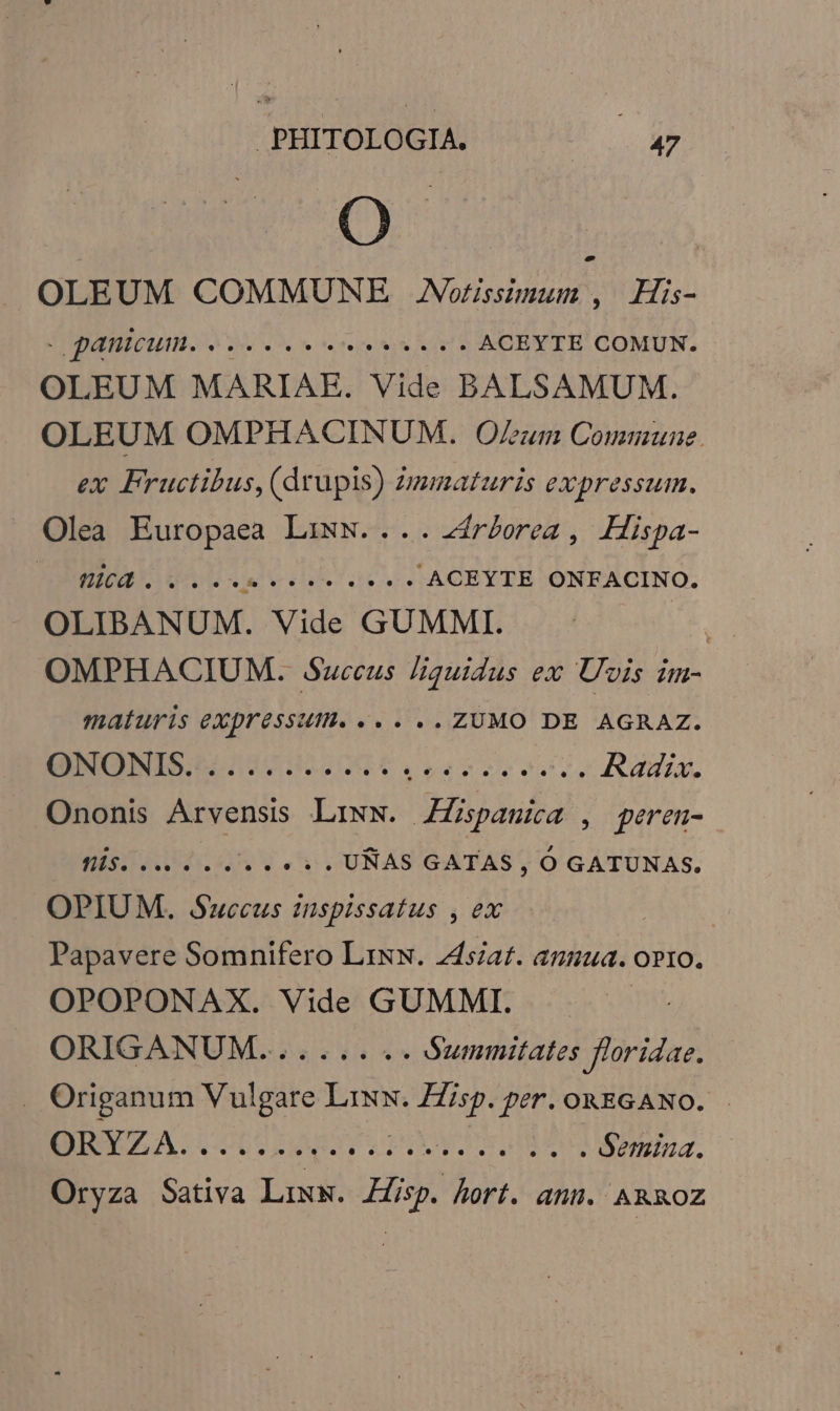 O OLEUM COMMUNE JWVvorissimum , His- TDUERECLT rte Ad ACEYTE COMUN. OLEUM MARIAE. Vide BALSAMUM. OLEUM OMPHACINUM. Oum Commune. ex Fructibus, Sous nnmnaturis expressum. . Olea Europaea Lixw.... zírborea , Hispa- oie nU ieu .tu. « ACEYTE ONFACINO. OLIBANUM. Vide GUMMI. | OMPHACIUM. 4Ó$zuceus Jiquidus ex U^vis im- maturis expressum... . .. ZUMO DE AGRAZ. QNONIS t; 20 It ELE IS ER, Radix. Ononis Arvensis Liww. Hispanica , peren- fs... dr cta LER AS GATAS, Ó GATUNAS. OPIUM. Succus inspissatus , ex Papavere Somnifero Lixw. z4siat. anuua. opto. OPOPONAX. Vide GUMMI. ORIGANUM...... C oummitates floridae. . Origanum Wuisite Liww. xdi fr. OREGANO. ORYZA..... ed lu X RM RO. « Semina. Oryza Sativa Liww. Hisp. hort. ann. ARROZ