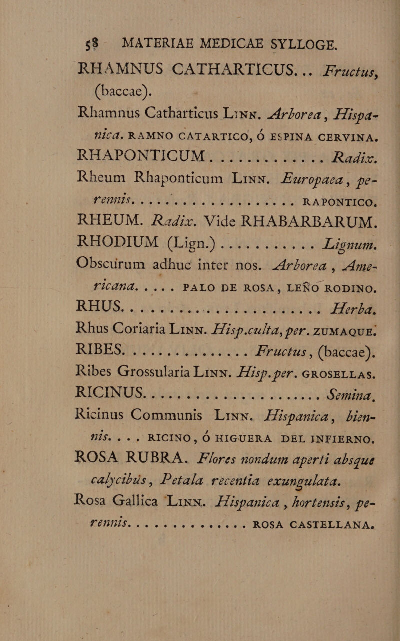 RHAMNUS CATHARTICUS... Fructus, (baccae). | Rhamnus Catharticus Lixx. b Lora , Hispa- icd. RAMNO CATARTICO, Ó ESPINA CERVINA. RHAPONTIGUMS O2 2146 LU. dus Radix. Rheum Rhaponticum Lrixw. Europaea , pe- remus..... hos LAORE LE ^... RAPONTICO, RHEUM. Radix. Vide RHABARBARUM. REOBIUM Lign3 s 32008 Lisnum. Obscurum adhuc inter nos. z4rZorea , JAme- fic4nd. ... . PALO DE ROSA , LENO RODINO. RAUS, 2s e. PON COUNT Her£a. EIBBRBSMAEM IZ MAG ust. Fructus , (baccae). Ribes Grossularia Lxx. Hisp. per. GRosELLASs. IE Ed o aL beo METUS dv ecey Semina, Ricinus Communis Lixw. Hispanica, bien- Ói$. .. . RICINO, Ó HIGUERA DEL INFIERNO. ROSA RUBRA. Flores nondum aperti absque calycibus , Petala. recentia. exungulata. Rosa Gallica Lixx. Jspanica , hortensis, pe- EUH. suivi m d soc a UA ROSA CASTELLANA.