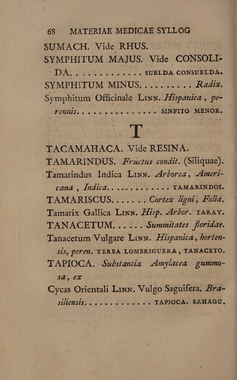 SUMACH. Vide RHUS. SYMPHITUM MAJUS. Vide. CONSOLI- SYMPHITUM MINUS. ......... Radix. Symphitum Officinale Lixx. Hispanica , pe- FEBR eee enn .SINFITO MENOR. TACAMAHACA. Vide RESINA. TAMARINDUS. Fructus condit. (Siliquae). Tamarindus Indica Lixw. EIER 3 -Ameri- cana , Indica.. iS . TAMARINDOS. TAMARISCUS.. UD MAE ST Cobol Igni , Folia. Tamarix Gallica Lis. Zip. zirbor. TARAY. TANACETUM...... Summitates floridae. Tanacetum Vulgare Liww. Hispanica , horten- | s5is, peren. YERBA LOMBRIGUERA , TANACETO. TAPIOCA. Substantia AAmylacea gummo- | sd, ex : Cycas Orientali Lixx. Vulgo Saguifera. Bra- siliensis. . dis e tile d TAPIOCA. SAHAGU,