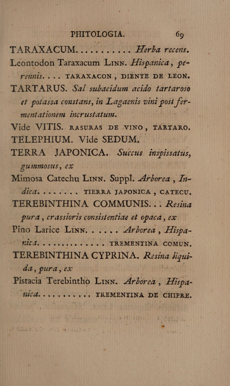 TAR ÁX ACUM. 7 Potete MuR recens. Leontodon Taraxacum LiwN. Hispanica , pe- | rennis. . .. TARAXACON, DIENTE DE LEON. TARTARUS. Sal subacidum acido tartaroso et potassa constans, in Lagaenis vini Ln dh mentationem. incrustatum. | Vide VITIS. nasvuRAs DE VINO, TARTARO. TELEPHIUM. Vide SEDUM. - TERRA JAPONICA. duccus inspissatus, EUIIOSUS , eX Mimosa Catechu Lixx. iie Arborea , In- EN du... ... TIERRA JAPONICA , CATECU, TEREBINTHINA COMMUNIS... Resina pura , crasstoris consistentiae et opaca , ex Pino Larice Liww. eer irborza , Hispa- fita.. li Jn TREMENTINA COMUN, TEREBINTHINA UNS Rosina Wing da, ura, ex Pistacia Terebintho Liww. Arborea , Hispa- (oA... 4.6» TREMENTINA DE CHIPRE.