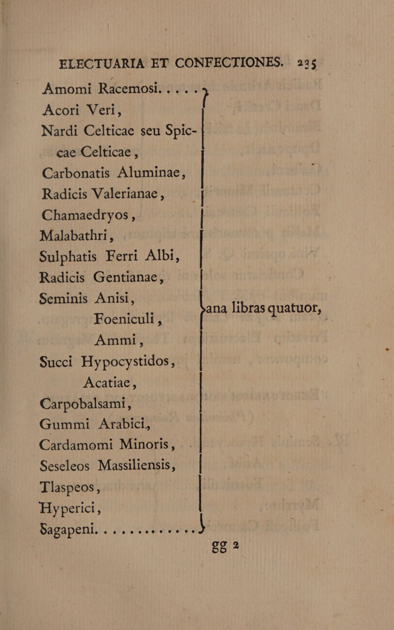 Acori Veri, cae Celticae , Carbonatis Aluminae, Radicis Valerianae, Chamaedryos, Malabathri , Sulphatis Ferri Albi, Radicis Gentianae, Seminis Anisi, Foeniculi , | Ámmi, Succi Hypocystidos,. Acatiae, Carpobalsami, Gummi Arabici, Cardamomi Minoris, Seseleos Massiliensis, Tlaspeos, Hyperici, Bagapeni.... | | E | | | pa libras quatuor, ) n | ' | uc Jnd 5 ?