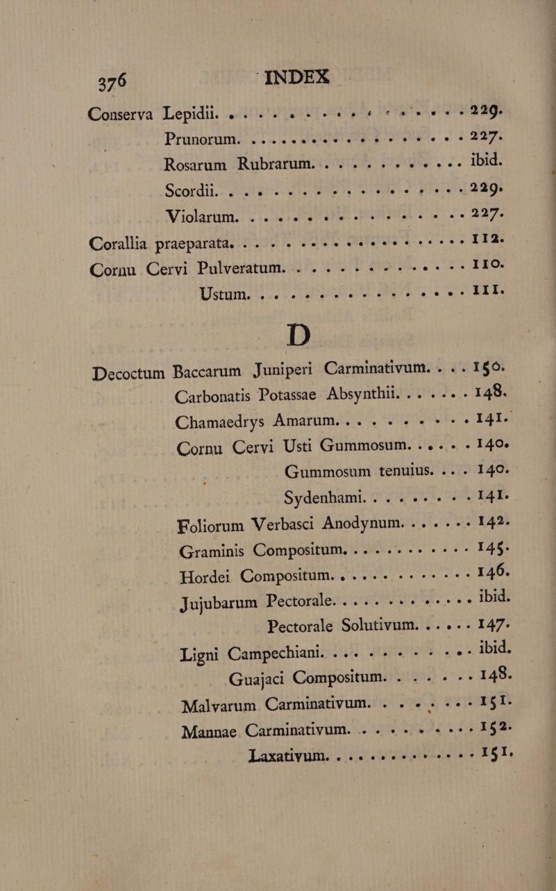 Comerva Lepidi. 4... 4 e cn Prunorüm. ..--.»-. Rd-R-9 9i. e Violarum. .. «eee rtr nn Corallia praeparata. .. « « «eee eett tn Cornu Cervi Pulveratum. . ....----* a bs D Chamaedrys Amarum... . . . - «- Cornu Cervi Usti Gummosum. ... . Foliorum Verbasi Anodynum. .. . .* Jujubarum Pectordle..... 2. ee Guajaci Compositum. . . . . - Malvarum Carminativum. . . « . --* * Laxativüm. . .« «secet e.