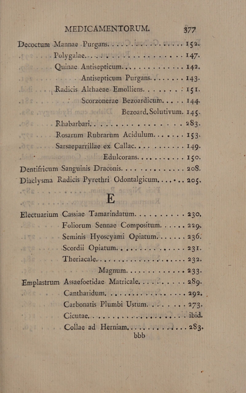 Decoctum .Mannae .Purgans. . . . .. IgCuos. Uyncro gat. i Polygalae,,. ubb3OARUL 17 1212 0o. 347. Quinae. Ántisepticum. ,. . ... ...- :«« I42. | . Antisepticum Purgans..... .. . 143. . , Radicis. Althaéae. Emolliens. . . .. . . ; I5I. .''Scorzonerae Bezoardicum. . . . . 144. Bezoard. Solutivum. 145. - Rhabarbtemola t. 102-22 283 Rosarum Rubrarüm Acidulum... .... 153. . Sarsaeparrillae.ex. Callac. .... ....... 149. Edulcorans..... ECT 150. JUS dohnd Sanguinis Draconis. . .. ... i DLL ORI | és drnda Radicis Pyretiin Odonclicum, sr * o. AS. E Electuarium .Cassiae. Tamarindatum. .. ..... .. 230. Foliorum. Sennae Compositum. BEP . Seminis Hyoscyami Opiatum....... 336: .Scordii Opiatum. , ,...... JEWATMS 70g Theriacale... sU IRCIRORIIS oL. 2: 2004 lini Suc HEROS «225 Emplastrum. Assaefoetidae Matricale, . (95... 5 2p. Cantharidàni: i510 postyl ASUMOTR, 292. Carbonatis Plumbi Ustum. . -. . ...273.. CGioutae ki sU EN »Aiutienaa a. oidubidi Collae ad. Herniam. ....... . 4... 283. bbb.