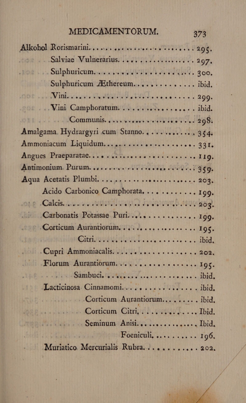 Alkohol Rorismarini....... ... eel. eee. e... 296. .Salviae Vulnerarius. . . 297. Snlphuricüm.,.. 5» AVES os We. 200 Sulphuricum ZEthereum... ; ibid. WI usate VN MNULU 2... T EUMOHTE 299. Vini Camphoratum. .......... Lees. . ebid. C Lommunjé&amp; q«esceteis ir POS . 298. Amalgama. Hydrargyri cum Stanno... ..... 344. . Ammoniacum Liquidum...,...... 4... es. TCPUR Angues Praeparatae. .. 4 . ..... e. I19. Antimonium. Purum. .,...... Lee. loeg. 45b92.1 349. Aqua Acetatis Plumbi. ......... .. dá 204 Acido Carbonico Camphorata, ... ........ 199. Le -Calcis oso BENI dtu u 203. Carbonatis Potassae Puri. .... .. 199. Corticum Aurantiorum, ........ esee. s. 198. Ciguup HIDE. erc rsi Ibid. . Cupri Ammoniacalis. ... . n PCS SENENS 202 Florum Aurantiorum. ... . AREA . 195. Bug. IPS ull nns ibid, Lacticinosa. Cinnamomi. .. .. : ibid, Corticum Aurantiorum.. 30x... Ibid, Corticum Citri,... dU... dad. Seminum Anisi.,. ...... c... Ibid. Foeniculi, ... . I96.