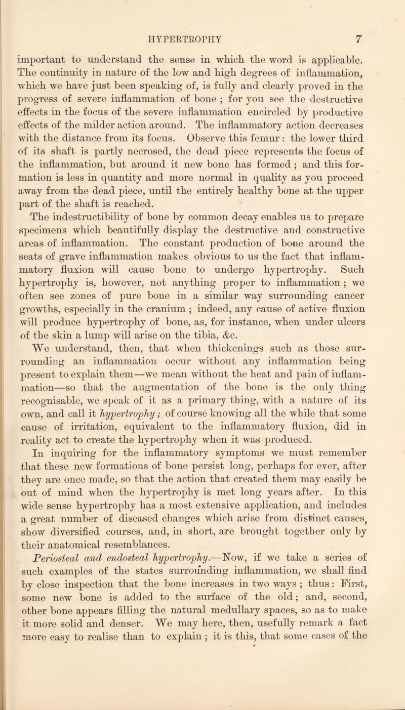 important to understand tlie sense in which the word is applicable. The continuity in nature of the low and high degrees of inflammation, which we have just been speaking of, is fully and clearly proved in the progress of severe inflammation of bone ; for you see the destructive effects in the focus of the severe inflammation encircled by productive effects of the milder action around. The inflammatory action decreases with the distance from its focus. Observe this femur : the lower third of its shaft is partly necrosed, the dead piece represents the focus of the inflammation, but around it new bone has formed ; and this for¬ mation is less in quantity and more normal in quality as you proceed away from the dead piece, until the entirely healthy bone at the upper part of the shaft is reached. The indestructibility of bone by common decay enables us to prepare specimens which beautifully display the destructive and constructive areas of inflammation. The constant production of bone around the seats of grave inflammation makes obvious to us the fact that inflam¬ matory fluxion will cause bone to undergo hypertrophy. Such hypertrophy is, however, not anything proper to inflammation ; we often see zones of pure bone in a similar way surrounding cancer growths, especially in the cranium ; indeed, any cause of active fluxion will produce hypertrophy of bone, as, for instance, when under ulcers of the skin a lump will arise on the tibia, &c. We understand, then, that when thickenings such as those sur¬ rounding an inflammation occur without any inflammation being present to explain them—we mean without the heat and pain of inflam¬ mation—so that the augmentation of the bone is the only thing recognisable, we speak of it as a primary thing, with a nature of its own, and call it hypertrophy; of course knowing all the while that some cause of irritation, equivalent to the inflammatory fluxion, did in reality act to create the hypertrophy when it was produced. In inquiring for the inflammatory symptoms we must remember that these new formations of bone persist long, perhaps for ever, after they are once made, so that the action that created them may easily be out of mind when the hypertrophy is met long years after. In this wide sense hypertrophy has a most extensive application, and includes a great number of diseased changes which arise from distinct causes, show diversified courses, and, in short, are brought together only by their anatomical resemblances. Periosteal and endosteal hypertrophy.—Now, if we take a series of such examples of the states surrounding inflammation, we shall find by close inspection that the bone increases in two ways ; thus: First, some new bone is added to the surface of the old; and, second, other bone appears filling the natural medullary spaces, so as to make it more solid and denser. We may here, then, usefully remark a fact more easy to realise than to explain ; it is this, that some cases of the