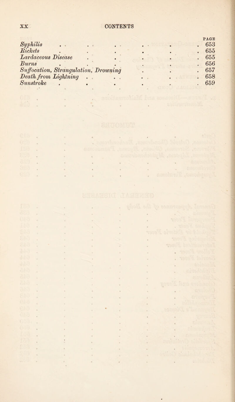 Syphilis . . Rickets Lardaceous Disease Burns Suffocation, Strangulation, Drowning Death from Lightning Sunstroke PAGE 653 655 655 656 657 658 659