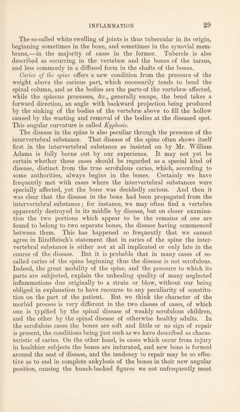 The so-called white swelling of joints is thus tubercular in its origin, beginning sometimes in the bone, and sometimes in the synovial mem¬ brane,—in the majority of cases in the former. Tubercle is also described as occurring in the vertebrae and the bones of the tarsus, and less commonly in a diffused form in the shafts of the bones. Caries of the spine offers a new condition from the pressure of the weight above the carious part, which necessarily tends to bend the spinal column, and as the bodies are the parts of the vertebrae affected, while the spinous processes, &c., generally escape, the bend takes a forward direction, an angle with backward projection being produced by the sinking of the bodies of the vertebrae above to fill the hollow caused by the wasting and removal of the bodies at the diseased spot. This angular curvature is called Kyphosis. The disease in the spine is also peculiar through the presence of the intervertebral substance. That disease of the spine often shows itself first in the intervertebral substance as insisted on by Mr. William Adams is fully borne out by our experience. It may not yet be certain whether these cases should be regarded as a special kind of disease, distinct from the true scrofulous caries, which, according to some authorities, always begins in the bones. Certainly we have frequently met with cases where the intervertebral substances were specially affected, yet the bone was decidedly carious. And then it was clear that the disease in the bone had been propagated from the intervertebral substance; for instance, we may often find a vertebra apparently destroyed in its middle by disease, but on closer examina¬ tion the two portions which appear to be the remains of one are found to belong to two separate bones, the disease having commenced between them. This has happened so frequently that we cannot agree in Rindfleisch’s statement that in caries of the spine the inter¬ vertebral substance is either not at all implicated or only late in the course of the disease. But it is probable that in many cases of so- called caries of the spine beginning thus the disease is not scrofulous. Indeed, the great mobility of the spine, and the pressure to which its parts are subjected, explain the unhealing quality of many neglected inflammations due originally to a strain or blow, without our being obliged in explanation to have recourse to any peculiarity of constitu¬ tion on the part of the patient. But we think the character of the morbid process is very different in the two classes of cases, of which one is typified by the spinal disease of weakly scrofulous children, and the other by the spinal disease of otherwise healthy adults. In the scrofulous cases the bones are soft and little or no sign of repair is present, the conditions being just such as we have described as charac¬ teristic of caries. On the other hand, in cases which occur from injury in healthier subjects the bones are indurated, and new bone is formed around the seat of disease, and the tendency to repair may be so effec¬ tive as to end in complete ankylosis of the bones in their new angular position, causing the hunch-backed figures we not unfrequently meet
