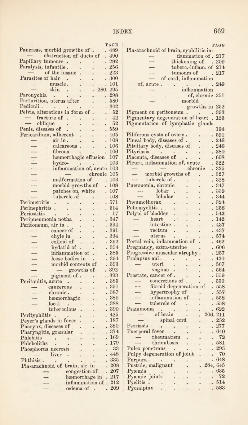 PAGE Pancreas, morbid growths of . . 489 — obstruction of ducts of . 490 Papillary tumours .... 292 Paralysis, infantile.... 256 — of the insane . . . 223 Parasites of hair .... 300 — muscle.... 101 skin . . . 280, 295 Paronychia.298 Parturition, uterus after . . 580 Pediculi ...... 302 Pelvis, alterations in form of . .52 — fracture of . . . .42 — oblique . . . .52 Penis, diseases of . . . . 559 Pericardium, adherent . . . 105 — air in. . . . 108 — calcareous . . . 106 — fibrous . . . 106 — haemorrhagic effusion 107 — hydro- . . . 103 -— inflammation of, acute 103 — — chronic 105 — malformation of . 103 — morbid growths of . 108 — patches on, white . 107 — tubercle of . . 108 Perimetritis ..... 571 Perinephritis ..... 514 Periostitis . . . . .17 Peripneumonia notha . . . 347 Peritoneum, air in . . . . 394 — cancer of . . 391 — chyle in 394 — colloid of . . 392 — hydatid of . . .394 — inflammation of . . 385 — loose bodies in . . 394 — morbid contents of . 393 — — growths of . 392 — pigment of . . . 393 Peritonitis, acute .... 385 — cancerous . . . 391 — chronic.... 387 — haemorrhagic . . 389 — local .... 388 — tuberculous . . . 390 Perityphlitis ..... 425 Peyer’s glands in fever . . . 187 Pharynx, diseases of 380 Pharyngitis, granular . . .374 Phlebitis ..... 169 Phleboliths . . . . .179 Phosphorus necrosis . . .33 — liver .... 448 Phthisis ...... 335 Pia-arachnoid of brain, air in . 208 — congestion of . 207 — haemorrhage in . 217 — inflammation of . 212 — oedema of . . 209 PAGE Pia-arachnoid of brain, syphilitic in- — flammation of . 217 — thickening of . 209 — tuberc.-inflam. of 214 — tumours of .217 — of cord, inflammation 249 251 252 393 123 of, acute ..... — inflammation of, chronic — morbid growths in Pigment on peritoneum . Pigmentary degeneration of heart . Pigmentation of lymphatic glands 194 Piliferous cysts of ovary . . . 591 Pineal body, diseases of . . . 246 Pituitary body, diseases of . . 246 Pityriasis ..... 280 Placenta, diseases of 608 Pleura, inflammation of, acute . 322 — — chronic . 325 — morbid growths of . . 327 — tubercle of. . . . 328 Pneumonia, chronic . . . 347 — lobar .... 339 — lobular . . . 344 Pneumothorax .... 324 Poliomyelitis ..... 256 Polypi of bladder .... 542 — heart .... 142 — intestine .... 437 — rectum .... 437 — uterus .... 574 Portal vein, inflammation of . . 462 Pregnancy, extra-uterine . . 606 Progressive muscular atrophy . . 257 Prolapsus ani..... 420 — uteri .... 567 — vaginae . 564 Prostate, cancer of . . . . 559 — concretions of . . . 559 — fibroid degeneration of . 558 — hypertrophy of . . 557 — inflammation of . . 558 — tubercle of 558 Psammoma.622 — of brain . . 206, 211 . 252 . 277 . 640 . 72 . 581 . 295 . 70 . 648 284, 645 . 635 . 72 . 514 . 583 — spinal cord Psoriasis Puerperal fever — rheumatism — thrombosis Pulex penetrans Pulpy degeneration of joint Purpura . Pustule, malignant Pyaemia Pyaemic joints Pyelitis . Pyosalpinx