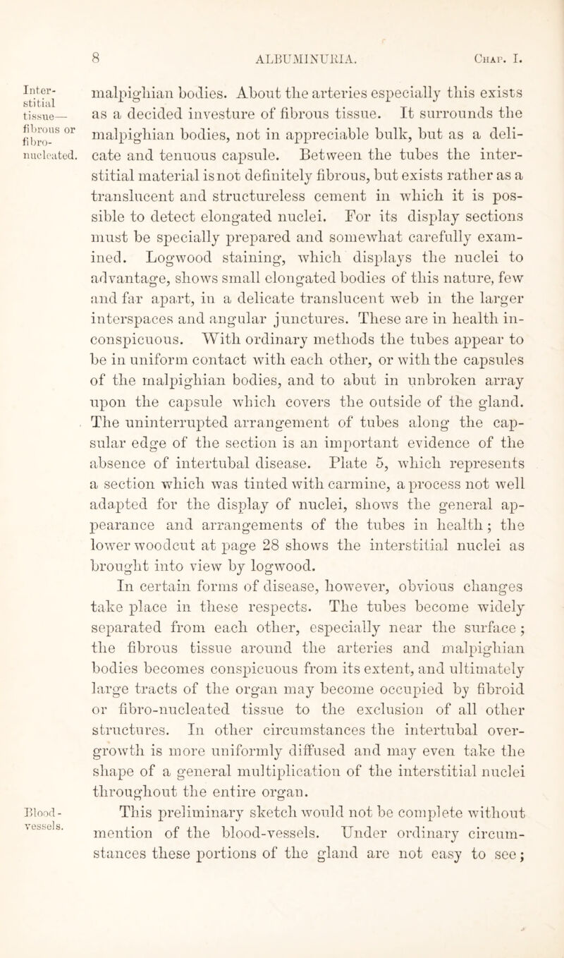 Inter¬ stitial tissue— fibrous or fibro- nucleated. Blood¬ vessels. malpigliian bodies. About tlie arteries especially this exists as a decided investure of fibrous tissue. It surrounds the malpigliian bodies, not in appreciable bulk, but as a deli¬ cate and tenuous capsule. Between the tubes the inter¬ stitial material is not definitely fibrous, but exists rather as a translucent and structureless cement in which it is pos¬ sible to detect elongated nuclei. For its display sections must be specially prepared and somewhat carefully exam¬ ined. Logwood staining, which displays the nuclei to advantage, shows small elongated bodies of this nature, few and far apa.rt, in a delicate translucent wreb in the larger interspaces and angular junctures. These are in health in¬ conspicuous. With ordinary methods the tubes appear to be in uniform contact with each other, or with the capsules of the malpigliian bodies, and to abut in unbroken array upon the capsule which covers the outside of the gland. The uninterrupted arrangement of tubes along the cap¬ sular edge of the section is an important evidence of the absence of intertubal disease. Plate 5, which represents a section which was tinted with carmine, a process not well adapted for the display of nuclei, shows the general ap¬ pearance and arrangements of the tubes in health; the lower woodcut at page 28 shows the interstitial nuclei as brought into view by logwood. In certain forms of disease, however, obvious changes take place in these respects. The tubes become widely separated from each other, especially near the surface ; the fibrous tissue around the arteries and malpigliian bodies becomes conspicuous from its extent, and ultimately large tracts of the organ may become occupied by fibroid or fibro-nucleated tissue to the exclusion of all other structures. In other circumstances the intertubal over¬ growth is more uniformly diffused and may even take the shape of a general multiplication of the interstitial nuclei throughout the entire organ. This preliminary sketch would not be complete without mention of the blood-vessels. Under ordinary circum¬ stances these portions of the gland are not easy to see;