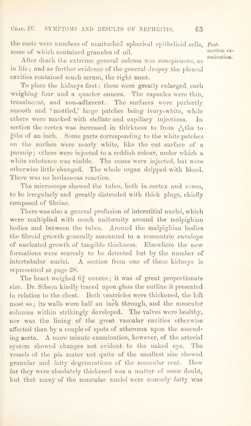 the casts were numbers of unattached spherical epithelioid cells, some of which contained granules of oil. After death the extreme general oedema was conspicuous, as in life; and as further evidence of the general dropsy the pleural cavities contained much serum, the right most. To place the kidneys first: these wrere greatly enlarged, each weighing four and a quarter ounces. The capsules were thin, translucent, and non-adherent. The surfaces were perfectly smooth and ‘ mottled/ large patches being ivory-white, while others were marked with stellate and capillary injections. In section the cortex was increased in thickness to from yP-ths to fths of an inch. Some parts corresponding to the white patches on the surface were nearly white, like the cut surface of a parsnip ; others were injected to a reddish colour, under which a white substance was visible. The cones were injected, but were otherwise little changed. The whole organ dripped with blood. There was no lardaceous reaction. The microscope showed the tubes, both in cortex and cones, to be irregularly and greatly distended with thick plugs, chiefly composed of fibrine. There was also a general profusion of interstitial nuclei, which were multiplied with much uniformity around the malpighian bodies and between the tubes. Around the malpighian bodies the fibroid growth generally amounted to a concentric envelope of nucleated growth of tangible thickness. Elsewhere the new formations were scarcely to be detected but by the number of intertubular nuclei. A section from one of these kidneys is represented at page 28. The heart weighed 6| ounces ; it was of great proportionate size. Dr. Sibson kindly traced upon glass the outline it presented in relation to the chest. Both ventricles were thickened, the left most so; its walls were half an inch through, and the muscular columns within strikingly developed. The valves were healthy, nor wras the lining of the great vascular cavities otherwise affected than by a couple of spots of atheroma upon the ascend¬ ing aorta. A more minute examination, however, of the arterial system showed changes not evident to the naked eye. The vessels of the pia mater not quite of the smallest size showed granular and fatty degenerations of the muscular coat. How far they were absolutely thickened was a matter of some doubt, but that many of the muscular nuclei were coarsely fatty wras Post¬ mortem ex¬ amination.