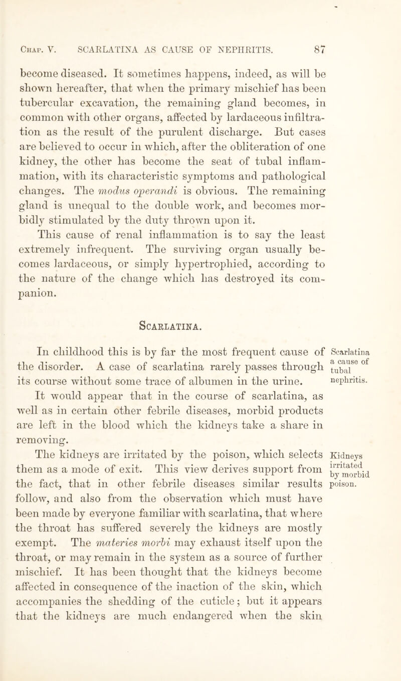 become diseased. It sometimes happens, indeed, as will be shown hereafter, that when the primary mischief has been tubercular excavation, the remaining gland becomes, in common with other organs, affected by lardaceous infiltra¬ tion as the result of the purulent discharge. But cases are believed to occur in which, after the obliteration of one kidney, the other has become the seat of tubal inflam¬ mation, with its characteristic symptoms and pathological changes. The modus operandi is obvious. The remaining gland is unequal to the double work, and becomes mor¬ bidly stimulated by the duty thrown upon it. This cause of renal inflammation is to say the least extremely infrequent. The surviving organ usually be¬ comes lardaceous, or simply hypertrophied, according to the nature of the change which has destroyed its com¬ panion. Scarlatina. In childhood this is by far the most frequent cause of the disorder. A case of scarlatina rarely passes through its course without some trace of albumen in the urine. It would appear that in the course of scarlatina, as well as in certain other febrile diseases, morbid products are left in the blood which the kidneys take a share in removing. The kidneys are irritated by the poison, which selects them as a mode of exit. This view derives support from the fact, that in other febrile diseases similar results follow, and also from the observation which must have been made by everyone familiar with scarlatina, that where the throat has suffered severely the kidneys are mostly exempt. The materies morbi may exhaust itself upon the throat, or may remain in the system as a source of further mischief. It has been thought that the kidneys become affected in consequence of the inaction of the skin, which accompanies the shedding of the cuticle; but it appears that the kidneys are much endangered when the skin Scarlatina a cause of tubal nephritis. Kidneys irritated by morbid poison.