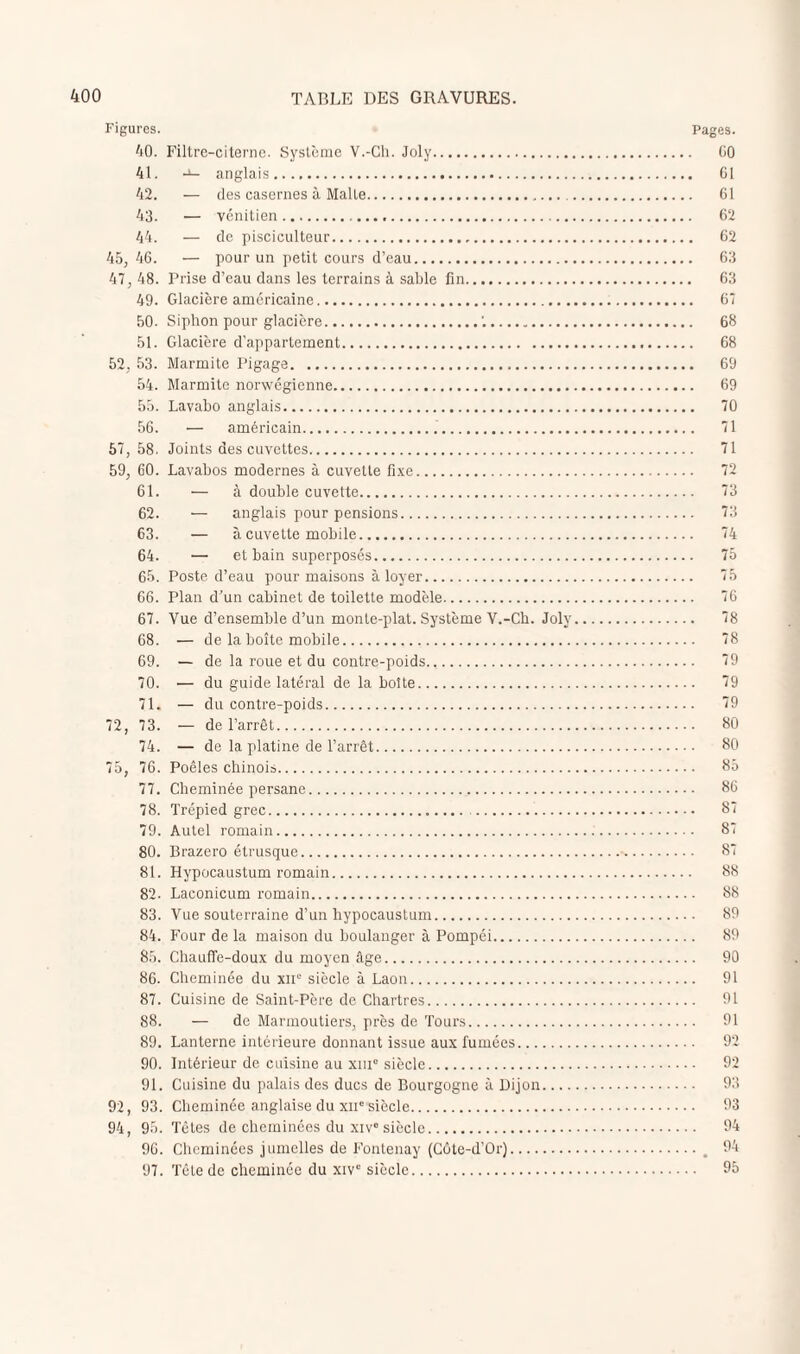 Figures. Pages. 40. Filtre-citerne. Système V.-Cli. Joly. CO 41. -1- anglais. Cl 42. — des casernes à Malle. Cl 43. — vénitien. 62 44. — de pisciculteur. 62 45, 46. — pour un petit cours d’eau. 63 47, 48. Prise d’eau dans les terrains à sable fin. 63 49. Glacière américaine. 67 50. Siphon pour glacière. 68 51. Glacière d’appartement. 68 52, 53. Marmite Pigage. 69 54. Marmite norwégienne. 69 55. Lavabo anglais. 70 56. — américain. 71 57,58. Joints des cuvettes. 71 59, 60. Lavabos modernes à cuvette fixe. 72 61. — à double cuvette. 73 62. — anglais pour pensions. 73 63. — à cuvette mobile. 74 64. — et bain superposés. 75 65. Poste d’eau pour maisons à loyer. 75 66. Plan d’un cabinet de toilette modèle. 76 67. Vue d’ensemble d’un monte-plat. Système V.-Cb. Joly. 78 68. — de la boîte mobile. 78 69. — de la roue et du contre-poids... 79 70. ■— du guide latéral de la boîte. 79 71. — du contre-poids. 79 72, 73. — de l’arrêt. 80 74. — de la platine de l’arrêt. 80 75, 76. Poêles chinois. 85 77. Cheminée persane. 86 78. Trépied grec. 87 79. Autel romain. 87 80. Brazero étrusque. 87 81. Hypocaustum romain. 88 82. Laconicum romain. 88 83. Vue souterraine d’un hypocaustum. 89 84. Four de la maison du boulanger à Pompéi. 89 85. Chauffe-doux du moyen âge. 90 86. Cheminée du XIIe siècle à Laon. 91 87. Cuisine de Saint-Père de Chartres. 91 88. — de Marmoutiers, près de Tours. 91 89. Lanterne intérieure donnant issue aux fumées. 92 90. Intérieur de cuisine au xm° siècle. 92 91. Cuisine du palais des ducs de Bourgogne à Dijon. 93 92, 93. Cheminée anglaise du xiie siècle. 93 94, 95. Têtes de cheminées du xiv° siècle. 94 9G. Cheminées jumelles de Fontenay (Côte-d’Or). 94 97. Tête de cheminée du xive siècle. 95