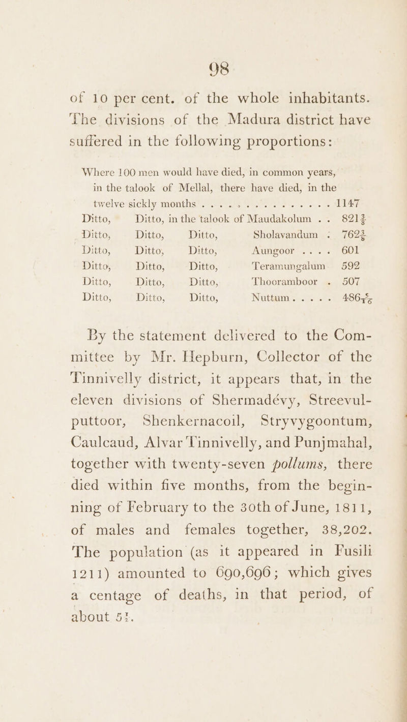 of 10 per cent. of the whole inhabitants. The divisions of the Madura district have suffered in the following proportions: Where 100 men would have died, in common years, in the talook of Mellal, there have died, in the twelve sickly mogthe* see as Penta yo oye ae 1147 Ditto, Ditto, in the talook of Maudakolum .. 821% Ditto, Ditto, Ditto, Sholavandum . 7622 Ditto, Ditto, Ditto, Avngoor ....+« 601 Ditto, Ditto, Ditto, Teramungalum 592 Ditto, Ditto, Ditto, Thooramboor . 507 Ditto, Ditto, Ditto, Nutthm; > 0 486345 By the statement delivered to the Com- mittee by Mr. Hepburn, Collector of the Tinnivelly district, it appears that, in the eleven divisions of Shermadévy, Streevul- puttoor, Shenkernacoil, Stryvygoontum, Caulcaud, Alvar Tinnivelly, and Punjmahal, together with twenty-seven pollums, there died within five months, from the begin- ning of February to the 30th of June, 1811, of males and females together, 38,202. The population (as it appeared in Fusili 1211) amounted to 690,696; which gives about 5%.