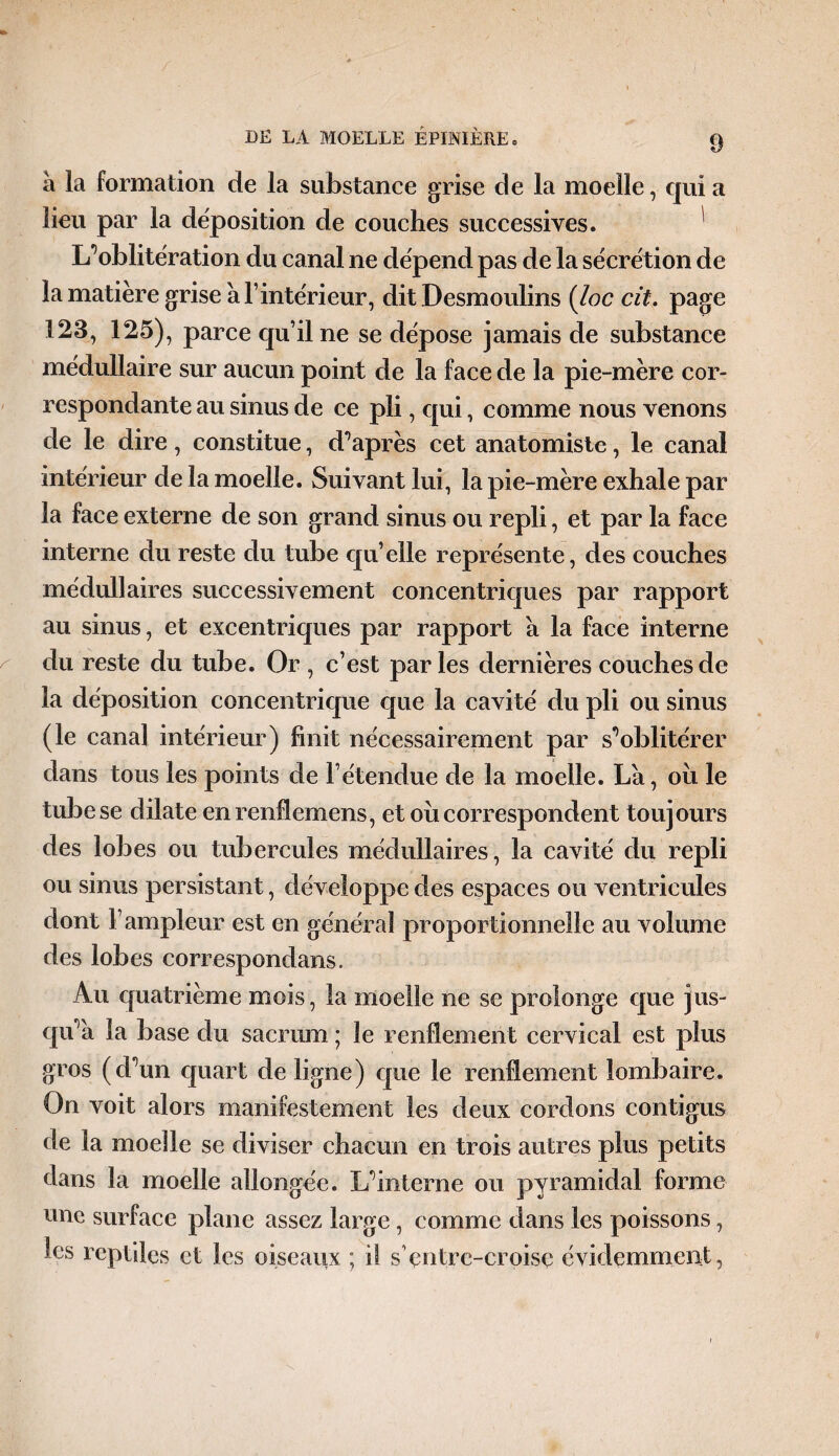 à la formation de la substance grise de la moelle, qui a lieu par la déposition de couches successives. L’oblitération du canal ne dépend pas de la sécrétion de la matière grise à l’intérieur, dit Desmoulins (loc cit. page 123, 125), parce qu’il ne se dépose jamais de substance médullaire sur aucun point de la face de la pie-mère cor¬ respondante au sinus de ce pli, qui, comme nous venons de le dire, constitue, d’après cet anatomiste, le canal intérieur de la moelle. Suivant lui, la pie-mère exhale par la face externe de son grand sinus ou repli, et par la face interne du reste du tube qu’elle représente, des couches médullaires successivement concentriques par rapport au sinus, et excentriques par rapport à la face interne du reste du tube. Or , c’est parles dernières couches de la déposition concentrique que la cavité du pli ou sinus (le canal intérieur) finit nécessairement par s’oblitérer dans tous les points de F étendue de la moelle. La, ou le tube se dilate enrenflemens, et ou correspondent toujours des lobes ou tubercules médullaires, la cavité du repli ou sinus persistant, développe des espaces ou ventricules dont l’ampleur est en général proportionnelle au volume des lobes correspondans. Au quatrième mois, la moelle ne se prolonge que jus¬ qu’à la base du sacrum ; le renflement cervical est plus gros (d’un quart de ligne) que le renflement lombaire. On voit alors manifestement les deux cordons contigus de la moelle se diviser chacun en trois autres plus petits dans la moelle allongée. L’interne ou pyramidal forme une surface plane assez large, comme dans les poissons, les reptiles et les oiseaux ; il s’çntrc-croise évidemment,