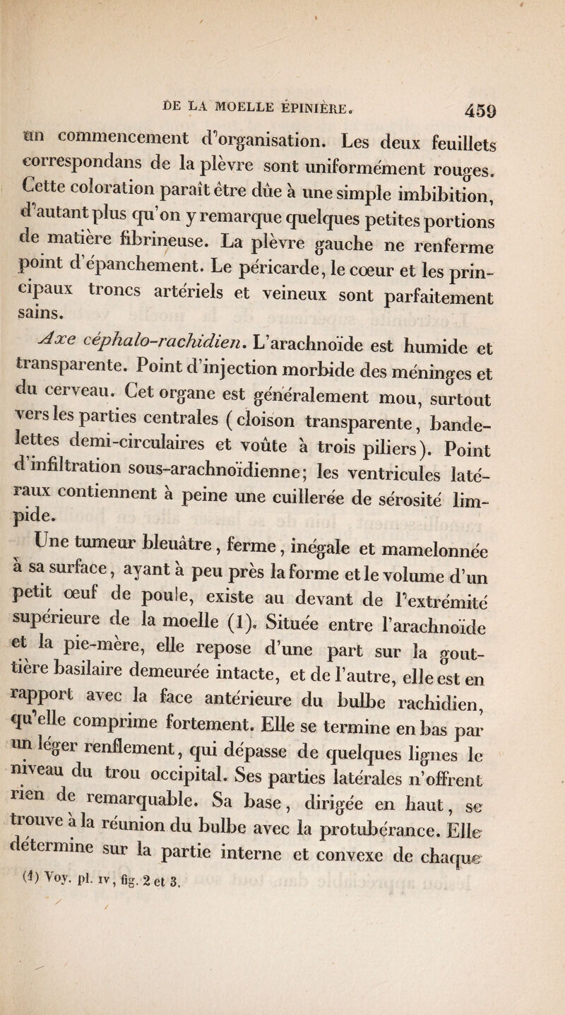 üii commencement (inorganisation. Les deux feuillets cou tspondans de la plevre sont uniformément rouges. Cette coloration paraît être due à une simple imbibition, d’autant plus qu’on y remarque quelques petites portions de matière fibrineuse. La plèvre gauche ne renferme point d'épanchement. Le péricarde, le coeur et les prin¬ cipaux troncs artériels et veineux sont parfaitement sains. Axe céphalo-rachidien. L’arachnoïde est humide et transparente. Point d’injection morbide des méninges et du cerveau. Cet organe est généralement mou, surtout vei s les parties centrales ( cloison transparente, bande¬ lettes demi-circulaires et voûte à trois piliers ). Point d infiltration sous-arachnoïdienne; les ventricules laté¬ raux contiennent à peine une cuillerée de sérosité lim- pide. Une tumeur bleuâtre, ferme, inégale et mamelonnée à sa surface, ayant à peu près la forme et le volume d’un petit oeuf de poule, existe au devant de l’extrémité supérieure de la moelle (1). Située entre l’arachnoïde et la pie-mère, elle repose d’une part sur la gout¬ tière basilaire demeurée intacte, et de l’autre, elle est en rapport avec la face antérieure du bulbe rachidien, qu’elle comprime fortement. Elle se termine en bas par un lé^er renflement, qui dépasse de quelques lignes le niveau du trou occipital. Ses parties latérales n’offrent lien de remarquable. Sa base, dirigée en haut, se trouve à la réunion du bulbe avec la protubérance. Elle ( e'tci mine sur la partie interne et convexe de chaque (t) Voy. pl. iv, fig. 2 et 3.