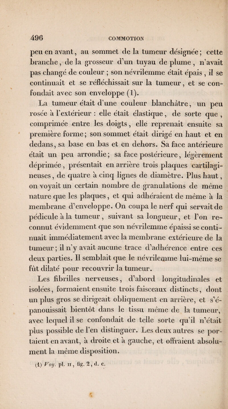 peu en avant, au sommet de la tumeur désignée ; cette brandie, de la grosseur d'un tuyau de plume , n’avait pas changé de couleur ; son névrilemme était épais , il se continuait et se réfléchissait sur la tumeur, et se con¬ fondait avec son enveloppe (1). La tumeur était d’une couleur blanchâtre, un peu rosée â l’extérieur : elle était élastique, de sorte que , comprimée entre les doigts, elle reprenait ensuite sa première forme ; son sommet était dirigé en haut et en dedans, sa base en bas et en dehors. Sa face antérieure était un peu arrondie ; sa face postérieure, légèrement déprimée , présentait en arrière trois plaques cartilagi¬ neuses, de quatre â cinq lignes de diamètre. Plus haut, on voyait un certain nombre de granulations de meme nature que les plaques, et qui adhéraient de meme à la membrane d’enveloppe. On coupa le nerf qui servait de pédicule â la tumeur , suivant sa longueur, et Ton re¬ connut évidemment que son névrilemme épaissi se conti ¬ nuait immédiatement avec la membrane extérieure de la tumeur ; il n’y avait aucune trace d’adhérence entre ces deux parties. Il semblait que le névrilemme lui-même se fût dilaté pour recouvrir la tumeur. Les fibrilles nerveuses, d’abord longitudinales et isolées, formaient ensuite trois faisceaux distincts, dont un plus gros se dirigeait obliquement en arrière, et s'é¬ panouissait bientôt dans le tissu même de la tumeur, avec lequel il se confondait de telle sorte qu’il n’était plus possible de l’en distinguer. Les deux autres se por¬ taient en avant, â droite et â gauche, et offraient absolu¬ ment la même disposition. (1) V-oy. pl. il, fig. 2, d. c.