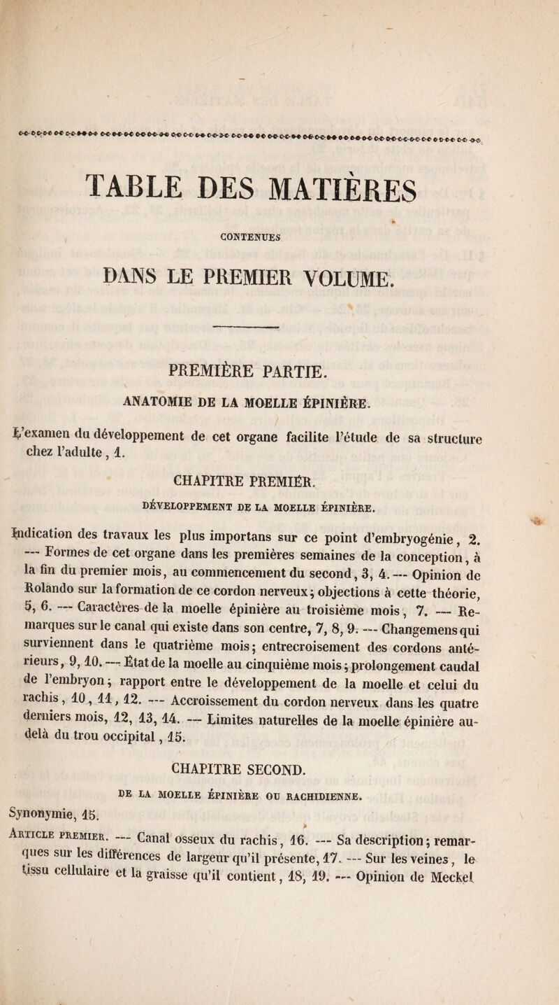 0-C ©-C-C-Cr-CHB-CMO-a-^ C-&C& C^-O TABLE DES MATIÈRES * CONTENUES DANS LE PREMIER VOLUME. PREMIÈRE PARTIE. ANATOMIE DE LA MOELLE ÉPINIÈRE. % examen (lu développement de cet organe facilite l’étude de sa structure chez l’adulte, 1. CHAPITRE PREMIER. DÉVELOPPEMENT LE LA MOELLE ÉPINIÈRE. Indication des travaux les plus importans sur ce point d’embryogénie, 2. — Formes de cet organe dans les premières semaines de la conception, à la fin du premier mois, au commencement du second, 3, 4.— Opinion de Rolando sur la formation de ce cordon nerveux; objections à cette théorie, 5, 6. — Caractères de la moelle épinière au troisième mois, 7. — Re¬ marques sur le canal qui existe dans son centre, 7, 8, 9. — Changemens qui surviennent dans le quatrième mois; entrecroisement des cordons anté¬ rieurs , 9,10. —? Etat de la moelle au cinquième mois ; prolongement caudal de l’embryon ; rapport entre le développement de la moelle et celui du rachis, 10., 11, 12. — Accroissement du cordon nerveux dans les quatre derniers mois, 12, 13,14. — Limites naturelles de la moelle épinière au- delà du trou occipital ,15. CHAPITRE SECOND. DE LA MOELLE EPINIERE OU RACHIDIENNE. Synonymie, 15. Article premier. — Canal osseux du rachis, 16. — Sa description; remar¬ ques sui les différences de largeur qu’il présente, 17. — Sur les veines, le tissu cellulaire et la graisse qu’il contient, 18, 19. — Opinion de Meckel