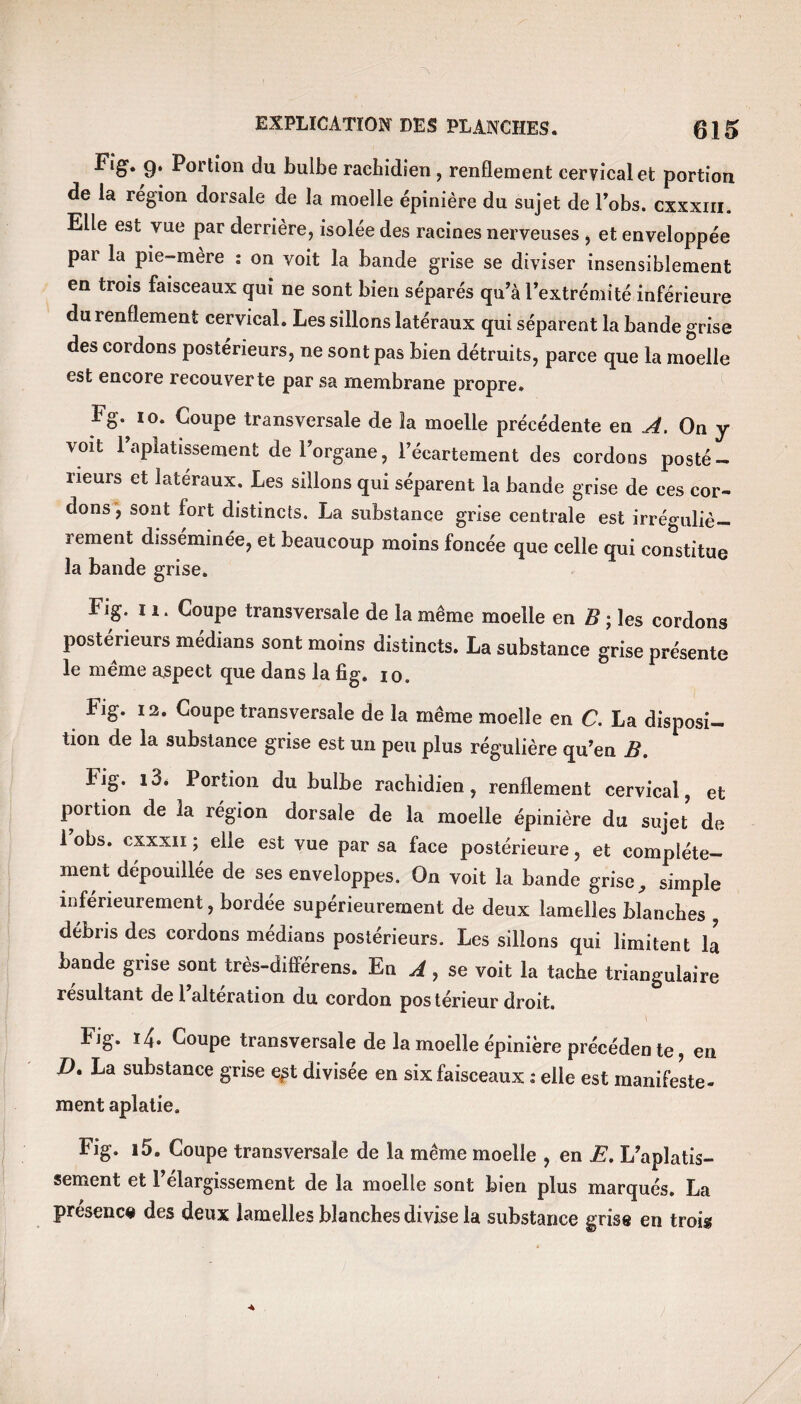 Fig. 9. Portion du bulbe rachidien , renflement cervical et portion de la région dorsale de la moelle épinière du sujet de l’obs. cxxxm. Elle est vue par derrière, isolée des racines nerveuses , et enveloppée pai la pie-mère : on voit la bande grise se diviser insensiblement en trois faisceaux qui ne sont bien séparés qu’à l’extrémité inférieure du renflement cervical. Les sillons latéraux qui séparent la bande grise des cordons postérieurs, ne sont pas bien détruits, parce que la moelle est encore recouverte par sa membrane propre. Fg. 10. Coupe transversale de la moelle précédente en A. On y voit l’aplatissement de l’organe, l’écartement des cordons posté- rieurs et latéraux. Les sillons qui séparent la bande grise de ces cor¬ dons, sont fort distincts. La substance grise centrale est irréguliè¬ rement disséminée, et beaucoup moins foncée que celle qui constitue la bande grise. . Fig. 11. Coupe transversale de la même moelle en B ; les cordons postérieurs médians sont moins distincts. La substance grise présente le meme aspect que dans lafig. 10. Fig. 12. Coupe transversale de la même moelle en C. La disposi¬ tion de la substance grise est un peu plus régulière qu’en B. Fig. 13* Portion du bulbe rachidien, renflement cervical, et portion de 3a région dorsale de la moelle épinière du sujet de i obs. cxxxn ; elle est vue par sa face postérieure, et complète¬ ment dépouillée de ses enveloppes. On voit la bande grise, simple inférieurement, bordée supérieurement de deux lamelles blanches , débris des cordons médians postérieurs. Les sillons qui limitent la bande grise sont très-dilférens. En A , se voit la tache triangulaire résultant de 1 alteration du cordon postérieur droit. Fig. 14. Coupe transversale de la moelle épinière précédente, en Z>. La substance grise e^t divisée en six faisceaux : elle est manifeste¬ ment aplatie. Fig. i5. Coupe transversale de la même moelle , en E. L’aplatis¬ sement et l’élargissement de la moelle sont bien plus marqués. La présence des deux lamelles blanches divise la substance grise en trois •4