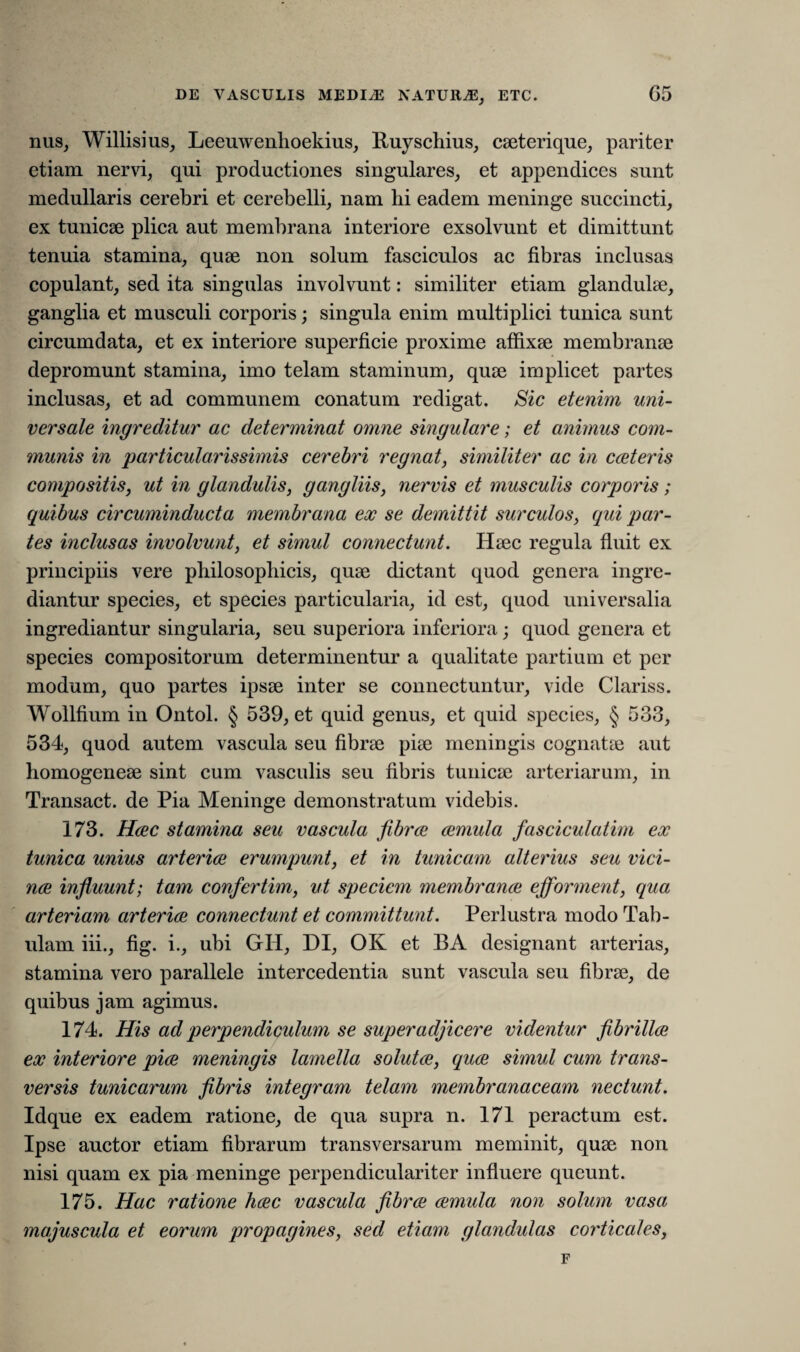 nus, Willisius, Leeuwenhoekius, Ruyschius, caeterique, pariter etiam nervi, qui productiones singulares, et appendices sunt medullaris cerebri et cerebelli, nam hi eadem meninge succincti, ex tunicae plica aut membrana interiore exsolvunt et dimittunt tenuia stamina, quae non solum fasciculos ac fibras inclusas copulant, sed ita singulas involvunt: similiter etiam glandulae, ganglia et musculi corporis; singula enim multiplici tunica sunt circumdata, et ex interiore superficie proxime affixae membranae depromunt stamina, imo telam staminum, quae implicet partes inclusas, et ad communem conatum redigat. Sic etenim uni¬ versale ingreditur ac determinat omne singulare; et animus com¬ munis in particularissimis cerebri regnat, similiter ac in cceteris compositis, ut in glandulis, gangliis, nervis et musculis corporis ; quibus circuminducta membrana ex se demittit surculos, qui par¬ tes inclusas involvunt, et simul connectunt. Haec regula fluit ex principiis vere philosophicis, quae dictant quod genera ingre¬ diantur species, et species particularia, id est, quod universalia ingrediantur singularia, seu superiora inferiora; quod genera et species compositorum determinentur a qualitate partium et per modum, quo partes ipsae inter se connectuntur, vide Clariss. Wollfium in Ontol. § 539, et quid genus, et quid species, § 533, 534, quod autem vascula seu fibrae piae meningis cognatae aut homogeneae sint cum vasculis seu fibris tunicae arteriarum, in Transact. de Pia Meninge demonstratum videbis. 173. Haec stamina seu vascula fibrae cernula fasciculatim ex tunica unius arteriae erumpunt, et in tunicam alterius seu vici¬ nae influunt; tam confertim, ut speciem membranae efforment, qua arteriam arteriae connectunt et committunt. Perlustra modo Tab¬ ulam iii., fig. i., ubi GH, DI, OK et BA designant arterias, stamina vero parallele intercedentia sunt vascula seu fibrae, de quibus jam agimus. 174. His ad perpendiculum se superadjicere videntur fibrillae ex interiore piae meningis lamella solutae, quae simul cum trans¬ versis tunicarum fibris integram telam membranaceam nectunt. Idque ex eadem ratione, de qua supra n. 171 peractum est. Ipse auctor etiam fibrarum transversarum meminit, quae non nisi quam ex pia meninge perpendiculariter influere queunt. 175. Hac ratione haec vascula fibrae cemida non solum vasa majuscula et eorum propagines, sed etiam glandulas corticales, F