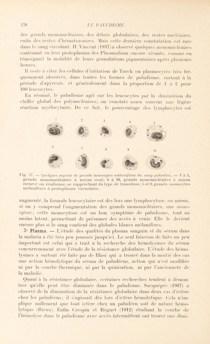 dos grands mononucléaires, dos débris globulaires, des restes nucléaires, enfin des restes d’hématozoaires. Mais cette dernière constatation est rare dans le sang circulant. 11. \ incent (1897)a observé quelques mononucléaires contenant en leur protoplasma des Plasmodium encore vivants, comme en témoignait la mobilité de leurs granulations pigmentaires après plusieurs heu res. Il reste à citer les cellules d’irritation de Turck ou plasmocytes très fré¬ quemment observés, dans toutes les formes de paludisme, surtout à la période d’apyrexie, et généralement dans la proportion de I à 2 pour 100 leucocytes. En résumé, le paludisme agit sur les leucocytes par la diminution du chiffre global des polynucléaires; on constate assez souvenl une légère réaction myélocylaire. De ce fait, le pourcentage des lymphocytes est Fig. 57. — Quelques aspects de grands monocytes mélanifères du sang paludéen. — 1 à 5, grands mononucléaires à noyau ovat; 6 à 10, grands mononucléaires à noyau incurvé ou réinforme, se rapprochant du type de transition ; 5 et 9, grands monocytes mélanifères à protoplasme vacuolaire. augmenté, la formule leucocytaire est dès lors une lymphocytose, ou mieux, si on y comprend l’augmentation des grands mononucléaires, une mono- cylose; cette monocytose est un bon symptôme de paludisme, tout au moins latent, permettant de présumer des accès à venir. Elle le devient encore plus si le sang contient des globules blancs mélanifères. o° Plasma. — L’étude des qualités du plasma sanguin et du sérum dans la malaria a été très peu poussée jusqu’ici. Le seul faisceau de fails un peu important est celui qui a Irait à la recherche des hémolysines du sérum concurremment avec l’étude de la résistance globulaire. L’étude des hémo¬ lysines a surtout été faite par de Blasi qui a trouvé dans la moitié des cas une action hémolytique du sérum de paludéens, action qui n’est modifiée ni par la courbe thermique, ni par la quinisation, ni par l’ancienneté de la maladie. Quant à la résistance globulaire, certaines recherches tendent à démon¬ trer qu’elle peut être diminuée dans le paludisme. Sacquépée (1907) a observé de la diminution de la résistance globulaire dans deux cas d'ictère chez les paludéens; il s’agissait dès lors d'ictère hémolytique. Delà n’im¬ plique nullement que tout ictère chez un paludéen soit de nature hémo¬ lytique (Mieux). Enfin Crespin et Béguet (1912) étudiant la courbe de l’hémolyse dans le paludisme avec accès intermittent ont trouvé une dimi-
