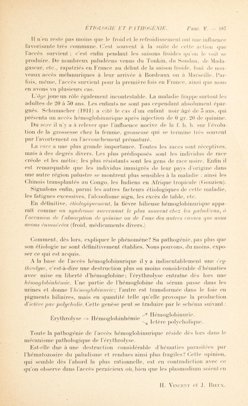 11 n'en reste pas moins que le froide! le refroidissement oui une influence favorisante très commune. C'est souvent à la suite de celle ad ion que l’accès survient ; c’est enfin pendant les saisons froides qu’on le voit se produire. De nombreux paludéens venus du Tonkin, du Soudan, de Mada¬ gascar, etc., rapatriés en France au début de la saison froide, font de nou¬ veaux accès mélanuriques à leur arrivée à Bordeaux ou à Marseille. Par¬ fois, même, l’accès survient pour la première fois en France, ainsi que nous en avons vu plusieurs cas. L'âge joue un rôle également incontestable. La maladie frappe surtout les adultes de 20 à 50 ans. Les enfants ne sonl pas cependant absolument épar¬ gnés. Schumacher (1911) a cité le cas d’un enfant noir âgé de 5 ans, qui présenta un accès hémoglobinurique après injection de 0 gr. 20 de quinine. Du sexe il n’y a à relever que l’influence nocive de la f. b. h. sur l’évolu¬ tion de la grossesse chez la femme, grossesse qui se termine très souvent par l’avortement ou l'accouchement prématuré. La race a une plus grande importance. Toutes les races sont réceptives, mais à des degrés divers. Les plus prédisposés sont les individus de race créole et les métis; les plus résistants sont les gens de race noire. Enfin il est remarquable que les individus immigrés de leur pays d’origine dans une autre région palustre se montrent plus sensibles à la maladie : ainsi les Chinois transplantés au Congo, les Indiens en Afrique tropicale (Gouzien). Signalons enfin, parmi les autres facteurs étiologiques de cette maladie, les fatigues excessives, l’alcoolisme aigu, les excès de table, etc. En définitive, étiologiquement, la fièvre bilieuse hémoglobinurique appa¬ raît comme un syndrome survenant le plus souvent chez les paludéens, à l'occasion de l'absorption de quinine ou de l'une des autres causes que nous avons énumérées (froid, médicaments divers. Comment, dès lors, expliquer le phénomène? Sa pathogénie, pas plus que son étiologie ne sont définitivement établies. Nous pouvons, du moins, expo¬ ser ce qui est acquis. A la base de l'accès hémoglobinurique il y a indiscutablement une éry- throlyse, c’est-à-dire une destruction plus ou moins considérable d’hématies avec mise en liberté d’hémoglobine; l’érythrolyse entraîne dès lors une hémoglobinhémie. Une partie de l’hémoglobine du sérum passe dans les urines et donne l'hémoglobinurie ; l’autre est transformée dans le foie en pigments biliaires, mais en quantité telle qu’elle provoque la production d'ictère par polycholie. Cette genèse peut se traduire par le schéma suivant: . . r, /^Hémoglobinurie. Lrvthrolvse-v liemoglobmhemie T , , ... J ^ ° Ictere polycholique. Toute la pathogénie de l’accès hémoglobinurique réside dès lors dans le mécanisme pathologique de l’érythrolyse. Est-elle due à une destruction considérable d’hématies parasitées par l’hématozoaire du paludisme et rendues ainsi plus fragiles? Celle opinion, qui semble dès l'abord la plus rationnelle, est en contradiction avec ce qu'on observe dans l'accès pernicieux où, bien que les plasmodium soient en