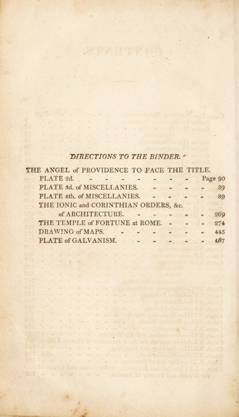 DIRECTIONS TO THE BINDER. - THE ANGEL of PROVIDENCE TO FACE THE TITLE. PLATE 2d. ------- Page Q0 PLATE 3d. of MISCELLANIES. - - - 39 PLATE 4th. of MISCELLANIES. - 89 THE IONIC and CORINTHIAN ORDERS, &c. of ARCHITECTURE. - - - 269 THE TEMPLE of FORTUNE at ROME. - 274 DRAWING of MAPS. ------ 445 PLATE of GALVANISM. -. - 407