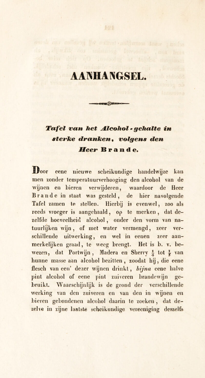 AANHANGSEL. Tafel van het Alcohol • gehalte in sterke dranken * volgens den Heer Brande. Door eene nieuwe scheikundige handelwyze kan men zonder temperatuurverhooging den alcohol van de wijnen en bieren verwijderen, waardoor de Heer Brande in staat was gesteld, de hier navolgende Tafel zamen te stellen. Hierbij is evenwel, zoo als reeds vroeger is aangehaald, op te merken , dat de¬ zelfde hoeveelheid alcohol , onder den vorm van na¬ tuurlijken wijn, of met water vermengd, zeer ver¬ schillende uitwerking, en wel in eenen zeer aan- merkelijken graad, te weeg brengt. Het is b. v. be¬ wezen, dat Portwijn , Madera en Sherry ^ tot \ van hunne masse aan alcohol bezitten, zoodat hij, die eene flesch van een’ dezer wijnen drinkt, bijna eene halve pint alcohol of eene pint zuiveren brandewijn ge¬ bruikt. Waarschijnlijk is de grond der verschillende werking van den zuiveren en van den in wijnen en bieren gebondenen alcohol daarin te zoeken , dat de¬ zelve in zijne laatste scheikundige vereeniging deszelfe
