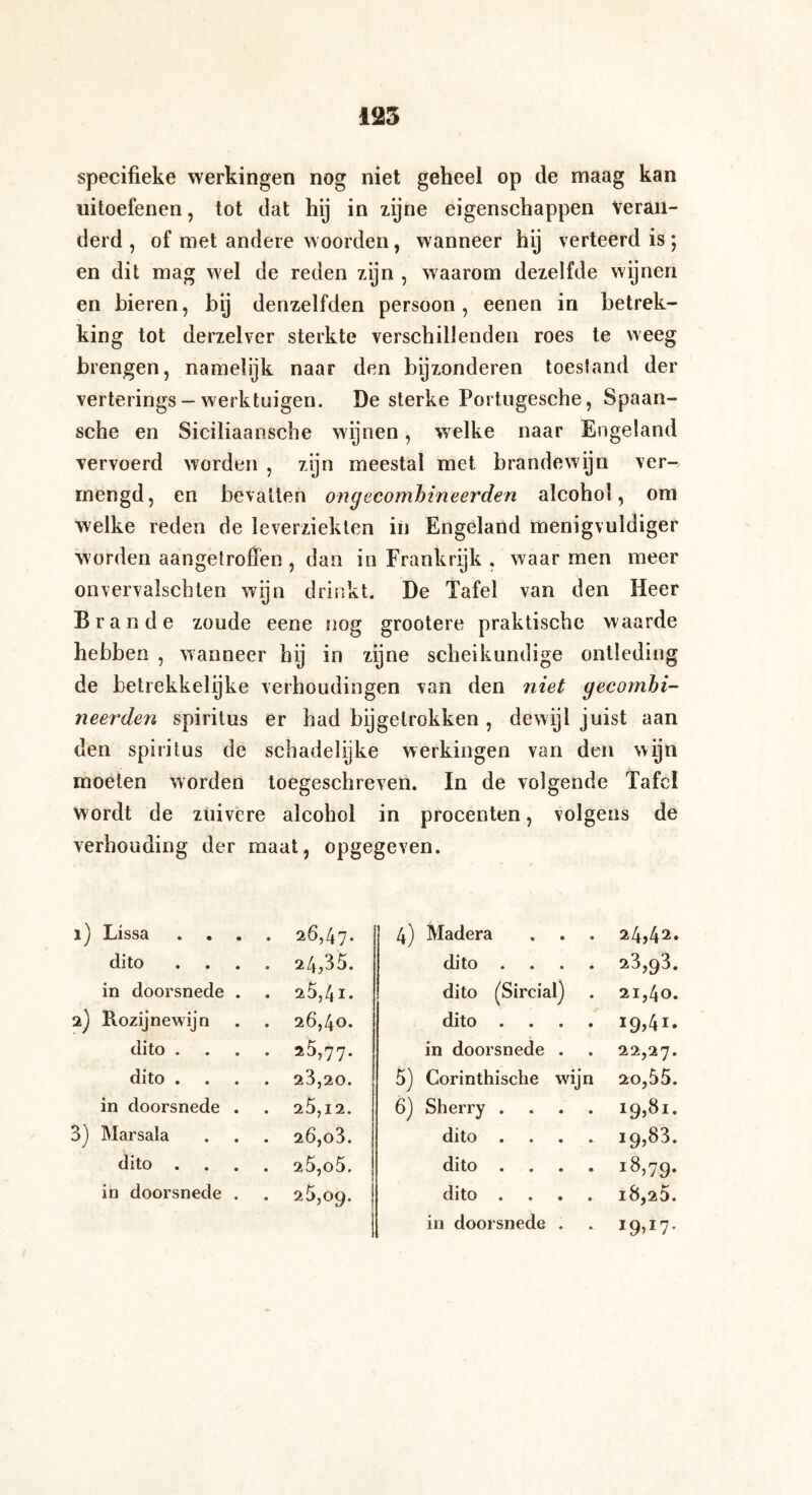specifieke werkingen nog niet geheel op de maag kan uitoefenen, tot dat hij in zijne eigenschappen Veran¬ derd , of met andere woorden, wanneer hij verteerd is ; en dit mag wel de reden zijn , waarom dezelfde wijnen en bieren, bij denzelfden persoon, eenen in betrek¬ king tot derzelver sterkte verschillenden roes te weeg brengen, namelijk naar den bijzonderen toestand der verterings — werktuigen. De sterke Portugesche, Spaan- sche en Siciliaansche wijnen, welke naar Engeland vervoerd worden , zijn meestal met brandewijn ver-, mengd, en bevatten ongecomhineerden alcohol, om welke reden de leverziekten in Engeland menigvuldiger worden aangetroffen , dan in Frankrijk , waar men meer onvervalschten wijn drinkt, De Tafel van den Heer Brande zoude eene nog grootere praktische waarde hebben , wanneer hij in zijne scheikundige ontleding de betrekkelijke verhoudingen van den niet gecombi- neerden spiritus er had bijgelrokken , dewijl juist aan den spiritus de schadelijke werkingen van den wijn moeten worden toegeschreven. In de volgende Tafel wordt de zuivere alcohol in procenten, volgens de verhouding der maat, opgegeven. 1) Lissa . . . . 26,47. 4) Madera 24,42. dito . 24,35. dito . 23,93. in doorsnede . . 25,41. dito (Sircia ') • 21,40. 2j Rozijnewijn . 26,40. dito . i9>4i. dito . . 25,77. in doorsnede 22,27. dito . . 23,20. 5) Corinthische wijn 20,55. in doorsnede . . 25,12. 6) Sherry . Ï9,81- 3) Marsala 26,o3. dito . 19,83. dito . 25,o5. dito . i8>79* in doorsnede . . 25,09. dito . i8,25. in doorsnede *9>*7-