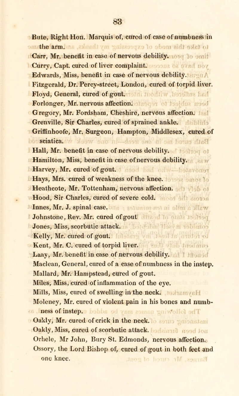 Bute, Right Hon. Marquis of, cured of case of numbness in the arm. Carr, Mr. benefit in case of nervous debility. Curry, Capt. cured of liver complaint. Edwards, Miss, benefit in case of nervous debility. Fitzgerald, Dr. Percy-street, London, cured of torpid liver. Floyd, General, cured of gout. Forlonger, Mr. nervous affection. Gregory, Mr. Fordsham, Cheshire, nervous affection. Grenville, Sir Charles, cured of sprained ankle. Griffinhoofe, Mr. Surgeon, Hampton, Middlesex, cured of sciatica. Hall, Mr. benefit in case of nervous debility. Hamilton, Miss, benefit in case of nervous debility. Harvey, Mr. cured of gout. Hays, Mrs. cured of weakness of the knee. Heathcote, Mr. Tottenham, nervous affection. Hood, Sir Charles, cured of severe cold. Innes, Mr. J. spinal case. Johnstone, Rev. Mr. cured of gout Jones, Miss, scorbutic attack. Kelly, Mr. cured of gout. Kent, Mr. C. cured of torpid liver. Laay, Mr. benefit in case of nervous debility. Maclean, General, cured of a case of numbness in the instep. Mallard, Mr. Hampstead, cured of gout. Miles, Miss, cured of inflammation of the eye. Mills, Miss, cured of swelling in the neck. Moleney, Mr. cured of violent pain in his bones and numb¬ ness of instep. Oakly, Mr. cured of crick in the neck. Oakly, Miss, cured of scorbutic attack. Orhele, Mr John, Bury St. Edmonds, nervous affection. Ossory, the Lord Bishop of, cured of gout in both feet and one knee.